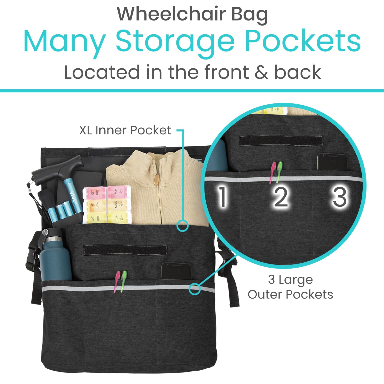 Vive XL Wheelchair Bag - Waterproof, Scratch-Resistant, Double-Stitched, Machine Washable Accessory for Adults, Seniors, 15 Colors - Storage Walker Backpack to Hang on Back of Wheel Chair