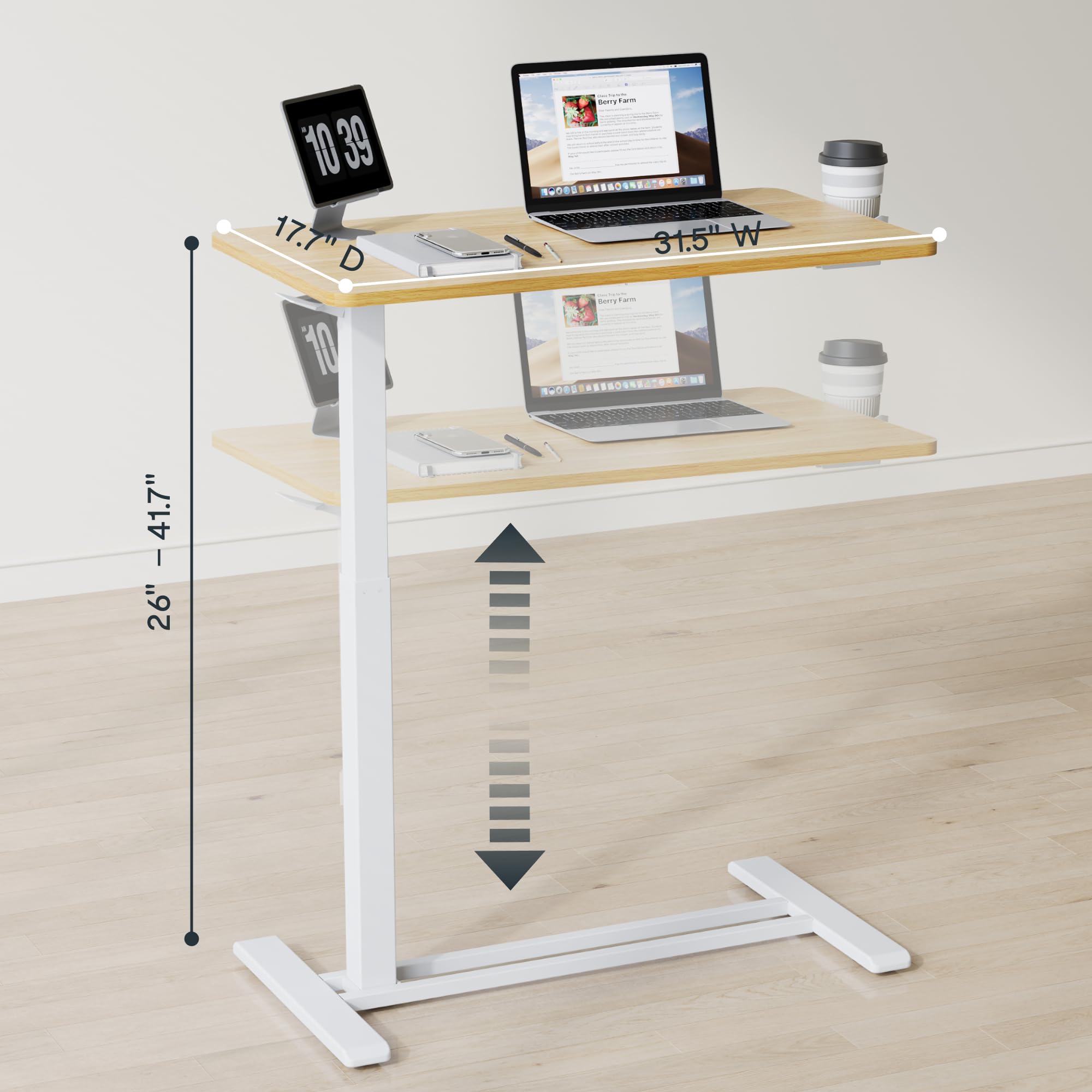 FLEXISPOT H7 Adjustable Overbed Bedside Table with Wheels Pneumatic Mobile Standing Desk Laptop Desk Rolling Computer Cart Movable Overbed Table Hospital Home Use(27.6" W x 15.7" D, White)