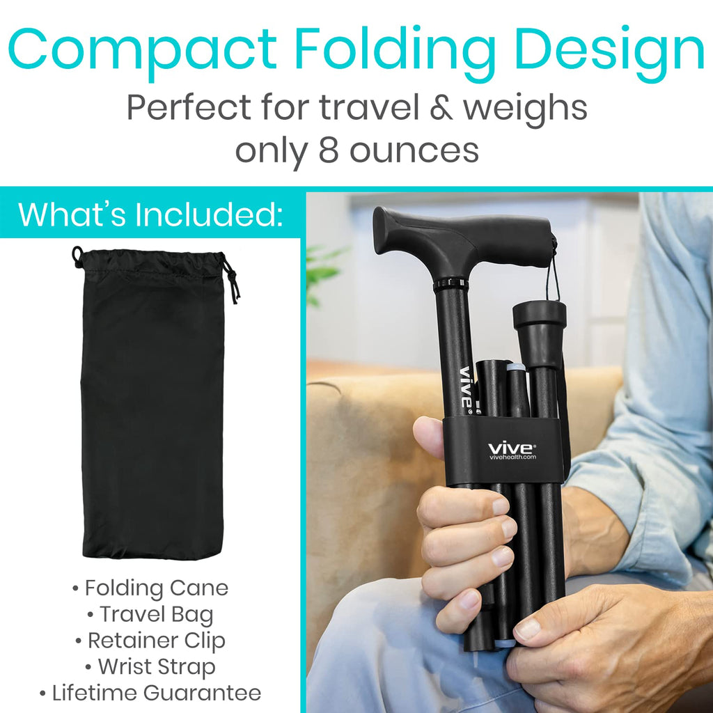 Vive Folding Cane - Foldable Walking Cane for Men, Women - Fold-up, Collapsible, Lightweight, Adjustable, Portable Hand Walking Stick - Balancing Mobility Aid - Comfortable Ergonomic Handle