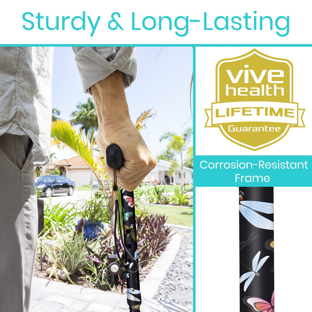 Vive Folding Cane - Foldable Walking Cane for Men, Women - Fold-up, Collapsible, Lightweight, Adjustable, Portable Hand Walking Stick - Balancing Mobility Aid - Comfortable Ergonomic Handle