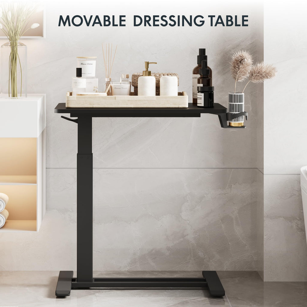 FLEXISPOT H7 Adjustable Overbed Bedside Table with Wheels Pneumatic Mobile Standing Desk Laptop Desk Rolling Computer Cart Movable Overbed Table Hospital Home Use(27.6" W x 15.7" D, White)