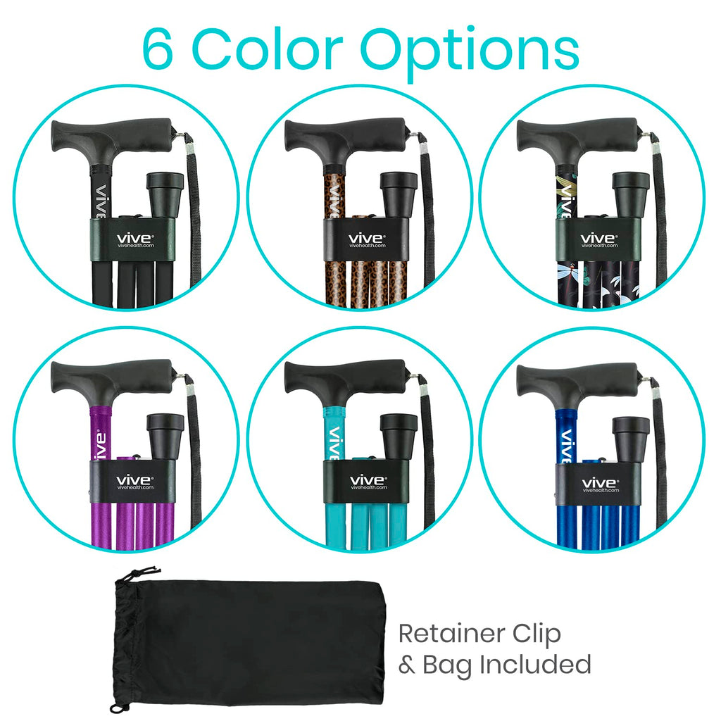 Vive Folding Cane - Foldable Walking Cane for Men, Women - Fold-up, Collapsible, Lightweight, Adjustable, Portable Hand Walking Stick - Balancing Mobility Aid - Comfortable Ergonomic Handle