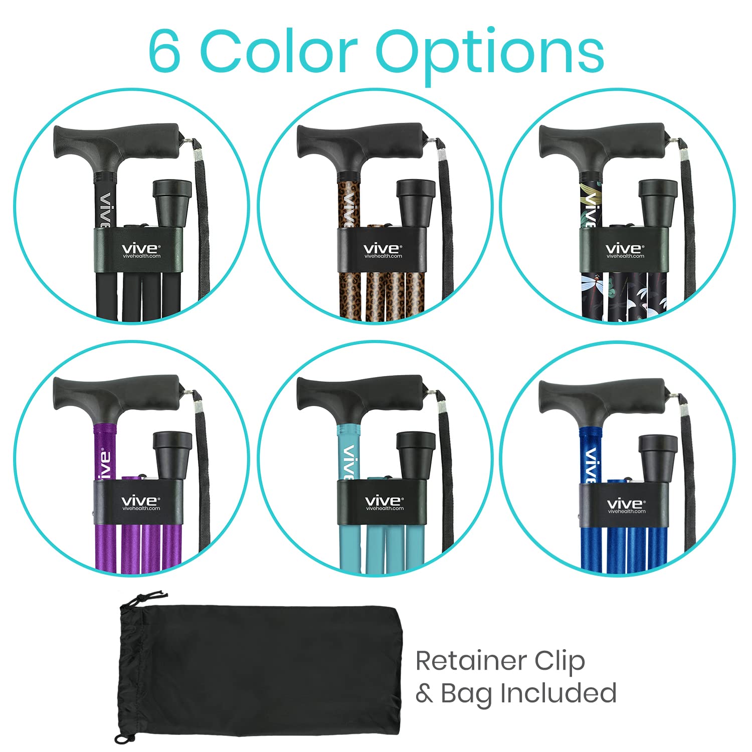 Vive Folding Cane - Foldable Walking Cane for Men, Women - Fold-up, Collapsible, Lightweight, Adjustable, Portable Hand Walking Stick - Balancing Mobility Aid - Comfortable Ergonomic Handle