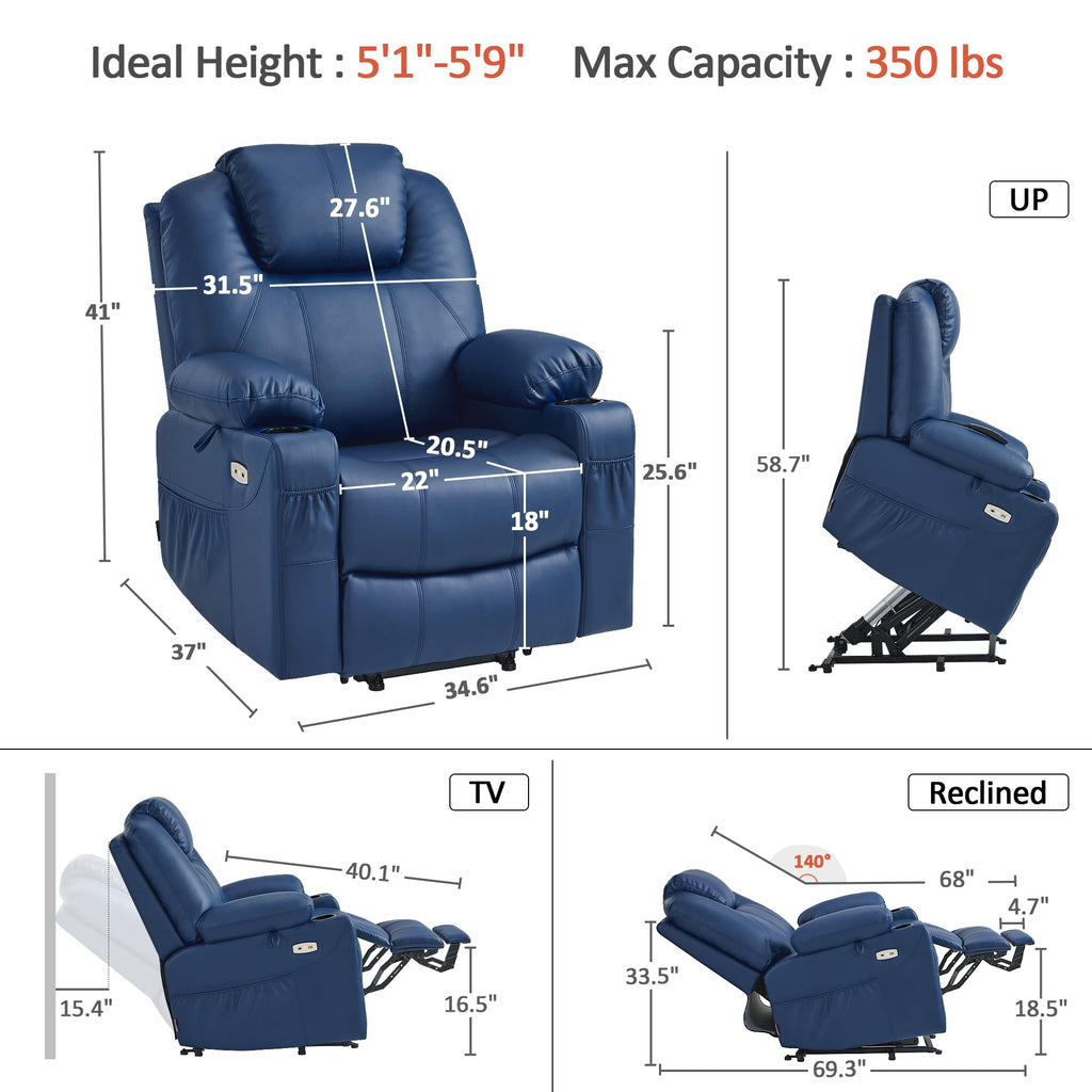 MCombo Electric Power Lift Recliner Chair Sofa with Massage and Heat for Elderly, 3 Positions, 2 Side Pockets, and Cup Holders, USB Ports, Faux Leather 7040 (Light Brown, Medium)