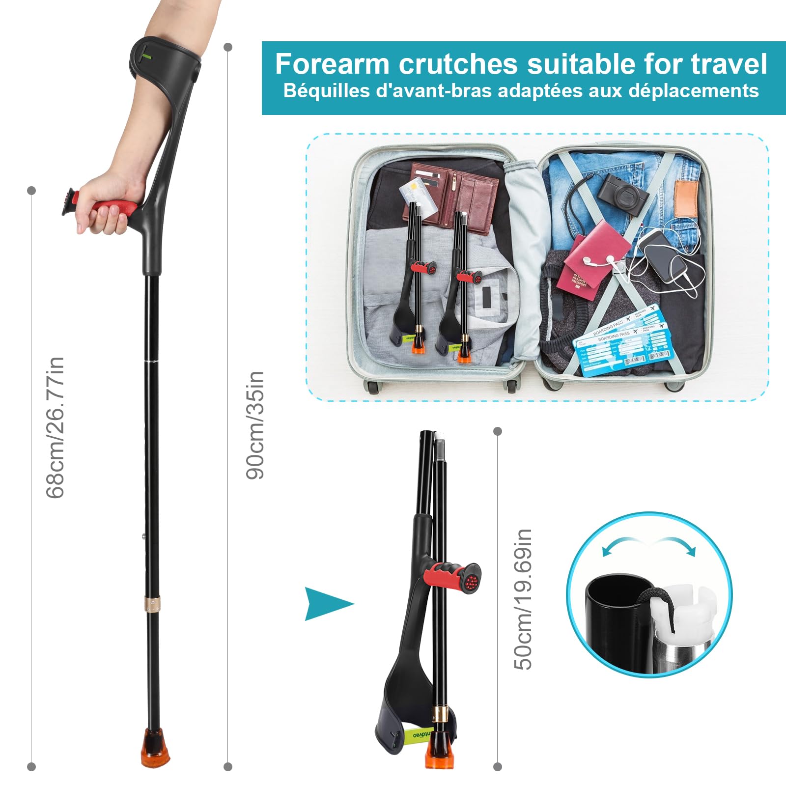 Forearm Crutch for Adults(x1 Unit), Forearm Crutch with Cuffs, Anti-Drop, Crutch for Walking, Forearm Crutch Lightweight Adjustable, Aluminum Forearm Crutch, Black Crutch (Single Black)