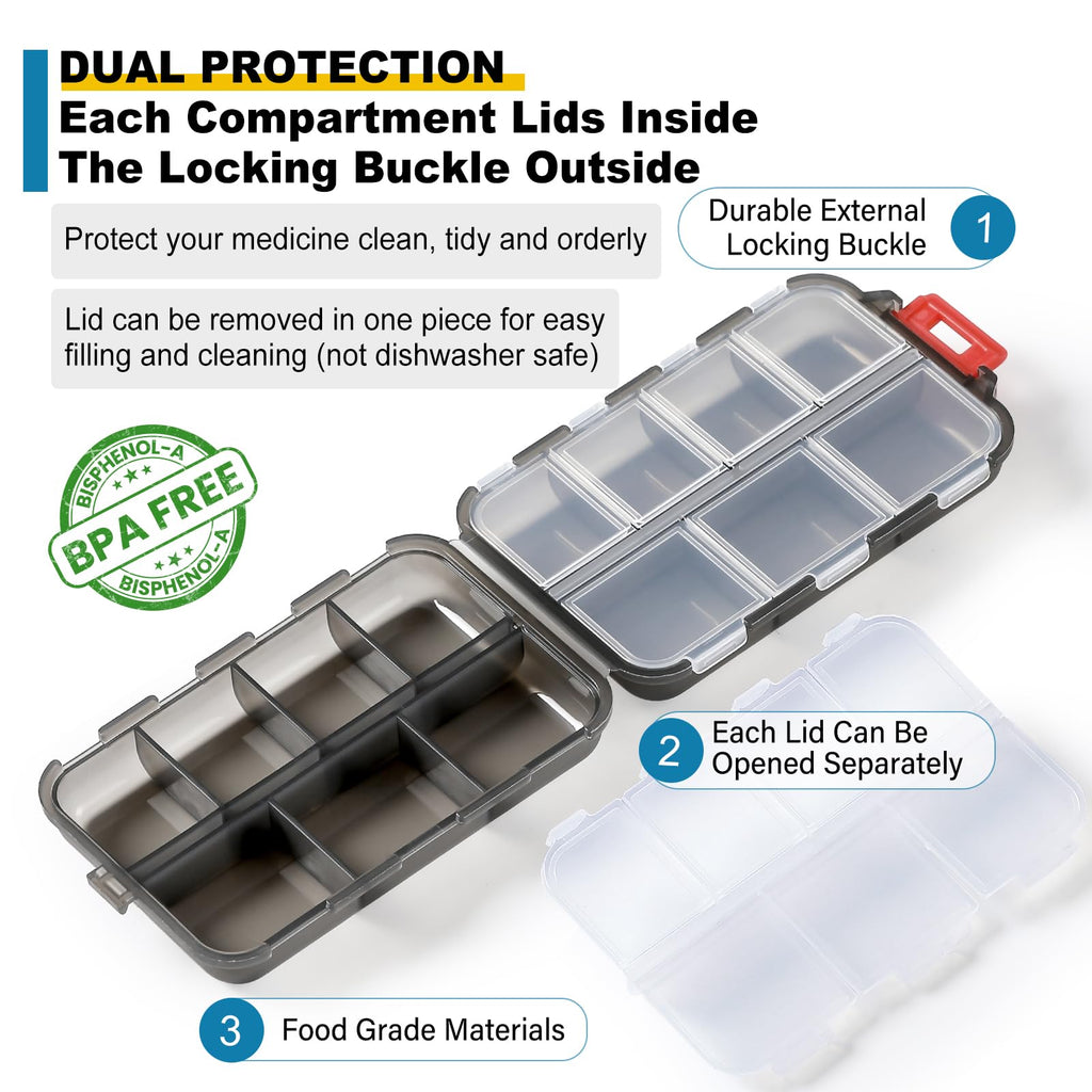 3 Pack 14 Grids Travel Pill Organizer Box with 415-Pcs Medicine Name Labels - Pocket Daily Pharmacy Case Container Kit - Travel Medication Holder Dispenser for Fish Oil Vitamin Supplement Storage