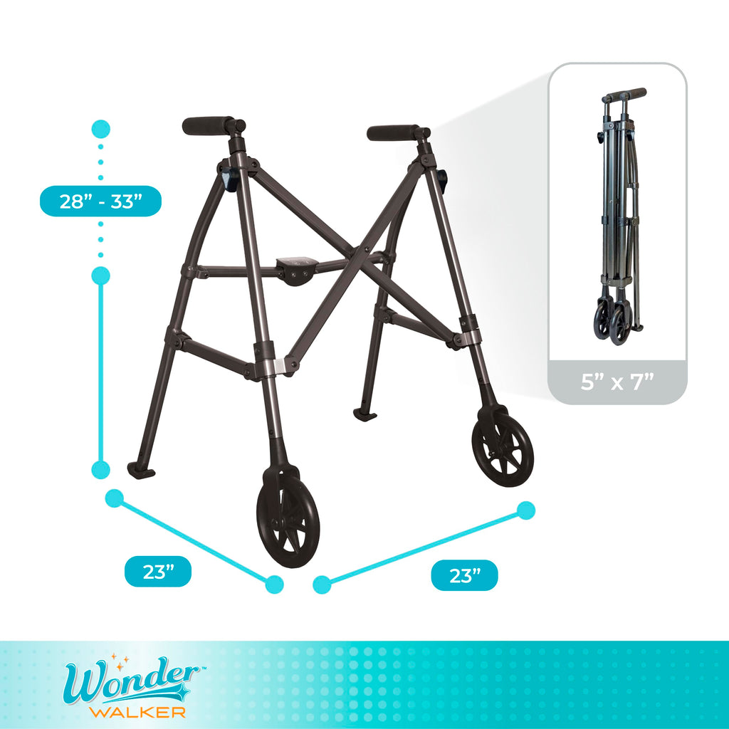 Stander Space Saver Walker, Lightweight Folding Rolling Mobility Aid for Seniors & Adults, Compact 2-Wheel Disability Device with 6-inch Wheels & Ski Glides for Walking Support, Cobalt Blue