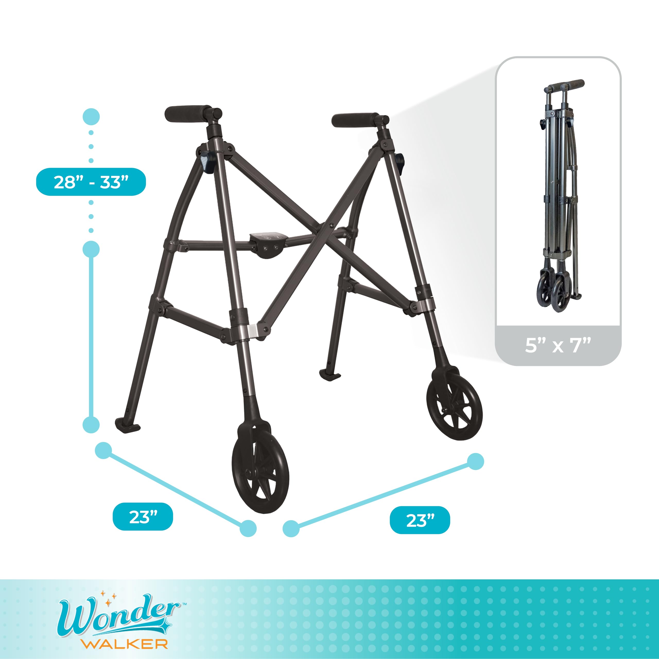 Stander Space Saver Walker, Lightweight Folding Rolling Mobility Aid for Seniors & Adults, Compact 2-Wheel Disability Device with 6-inch Wheels & Ski Glides for Walking Support, Cobalt Blue