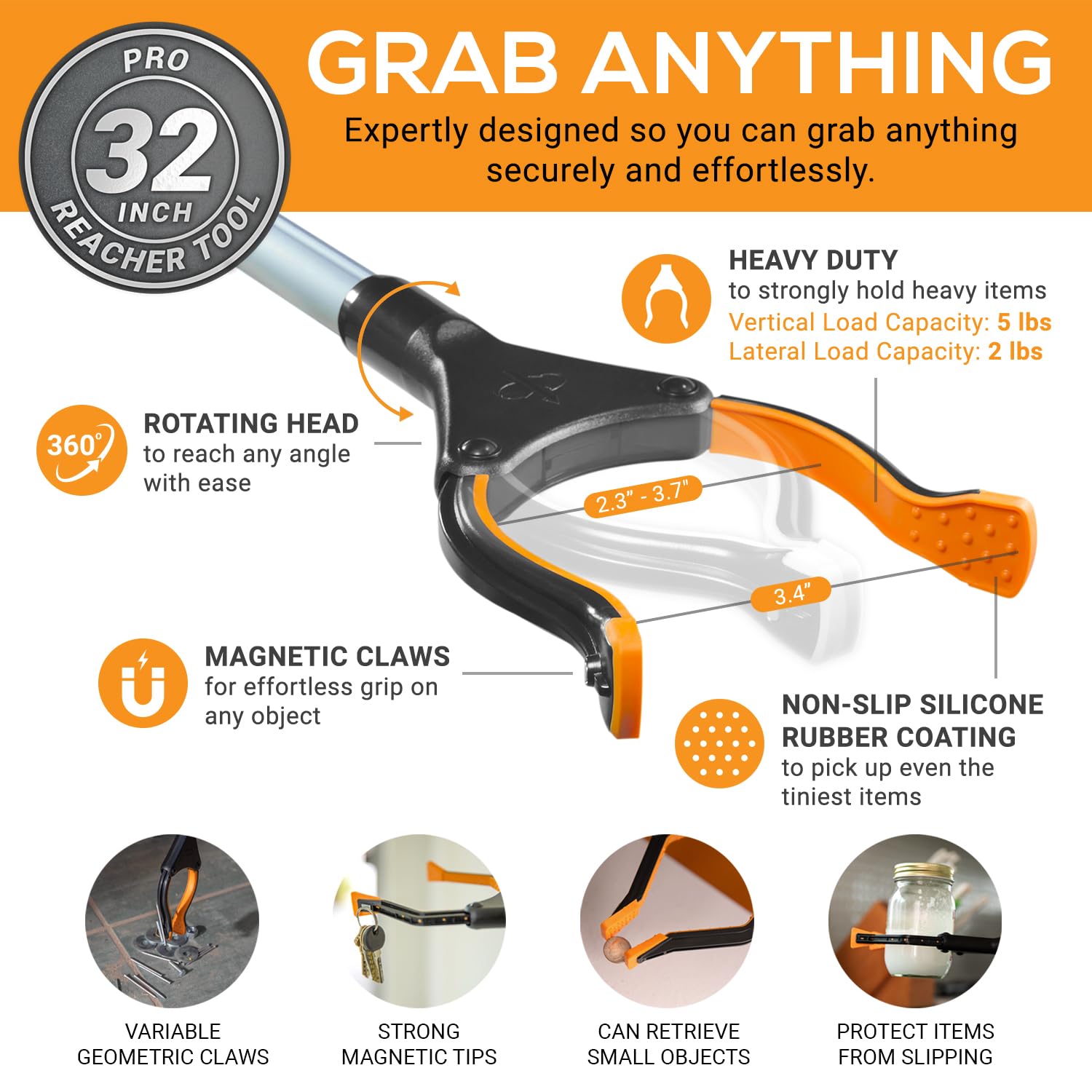 EZPIK Pro 36" Flexible Folding Grabber Tool for Elderly + Magnets, Reacher for Disabled & Seniors Heavy Duty Rotating Grippers for Reaching Underneath, Trash Grabbers & Pickers for Mobility