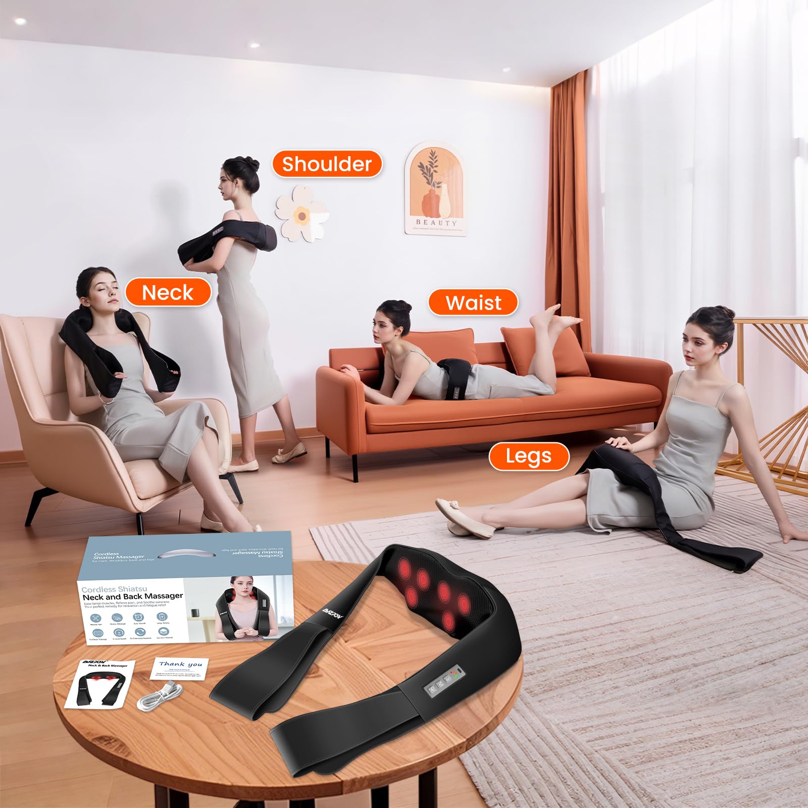 AMZPONY® Cordless Neck Massager for Pain Relief Deep Tissue, Rechargeable Shiatsu Neck and Back Massager with Heat Kneading Shoulder Massage for Body Muscle Pain Relief,Gifts for Dad Mom Friends