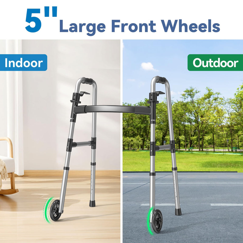 Folding Walker with 2 Skis and 5" Wheels, Lightweight Walkers for Seniors and Adults, Supports Up to 350 Pounds, Adjustable Height, Compact Standard Walker, Black
