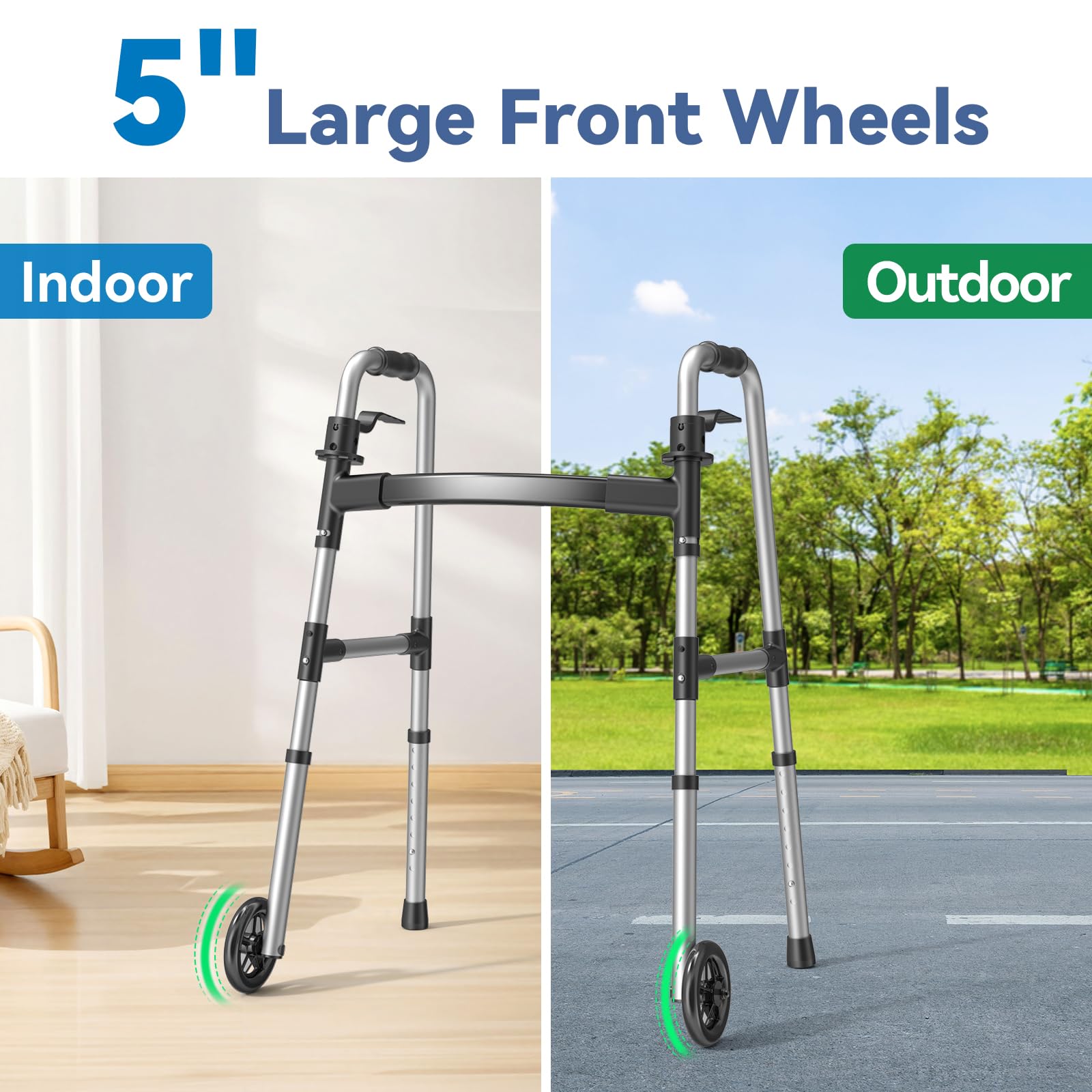Folding Walker with 2 Skis and 5" Wheels, Lightweight Walkers for Seniors and Adults, Supports Up to 350 Pounds, Adjustable Height, Compact Standard Walker, Black