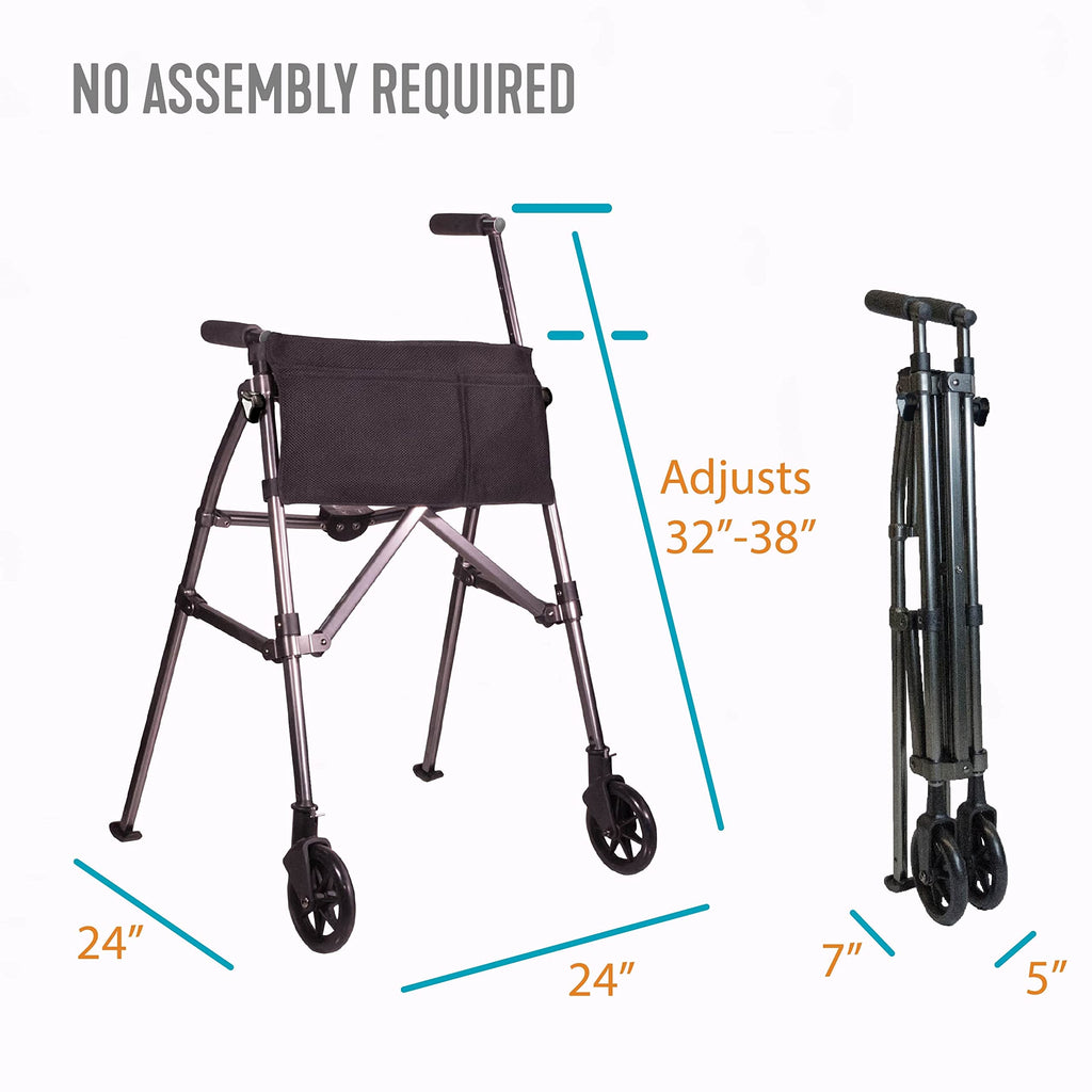 Stander Wonder Walker Plus, Lightweight Folding Mobility Aid for Adults, Seniors, and Elderly, Collapsible Travel EZ Fold-N-Go with Wheels, Glides, & Basket, Black Walnut