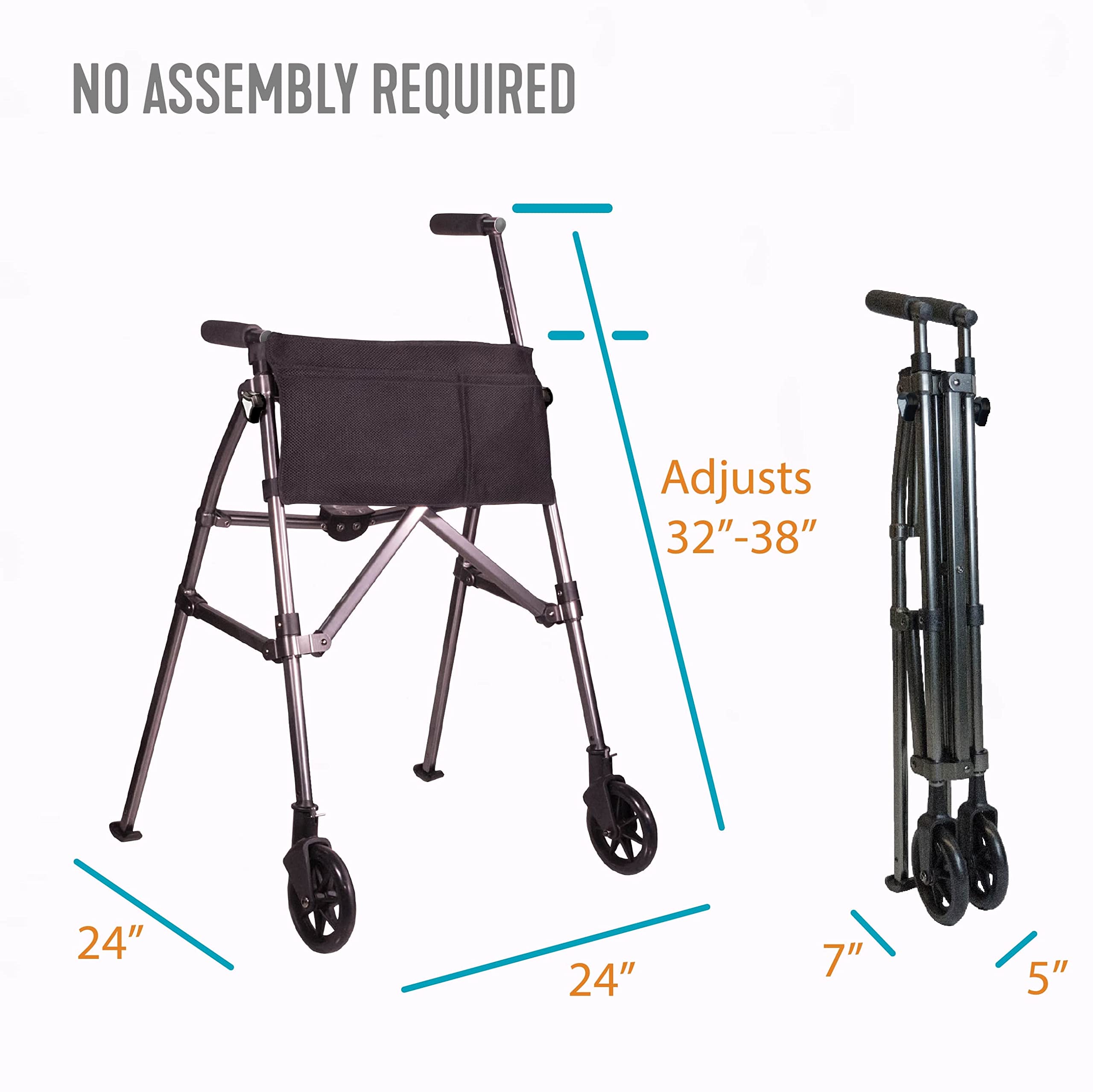 Stander Wonder Walker Plus, Lightweight Folding Mobility Aid for Adults, Seniors, and Elderly, Collapsible Travel EZ Fold-N-Go with Wheels, Glides, & Basket, Black Walnut