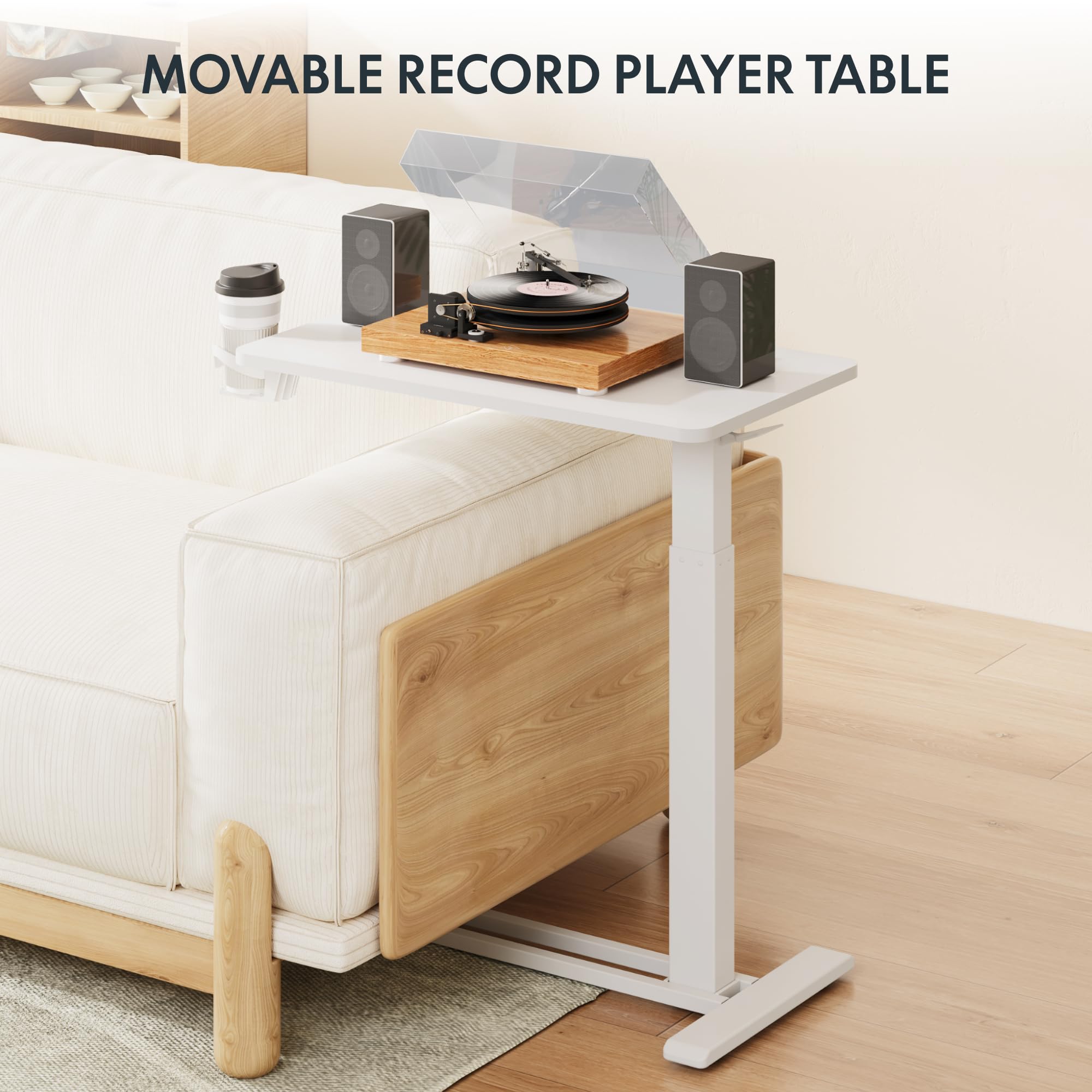 FLEXISPOT H7 Adjustable Overbed Bedside Table with Wheels Pneumatic Mobile Standing Desk Laptop Desk Rolling Computer Cart Movable Overbed Table Hospital Home Use(27.6" W x 15.7" D, White)