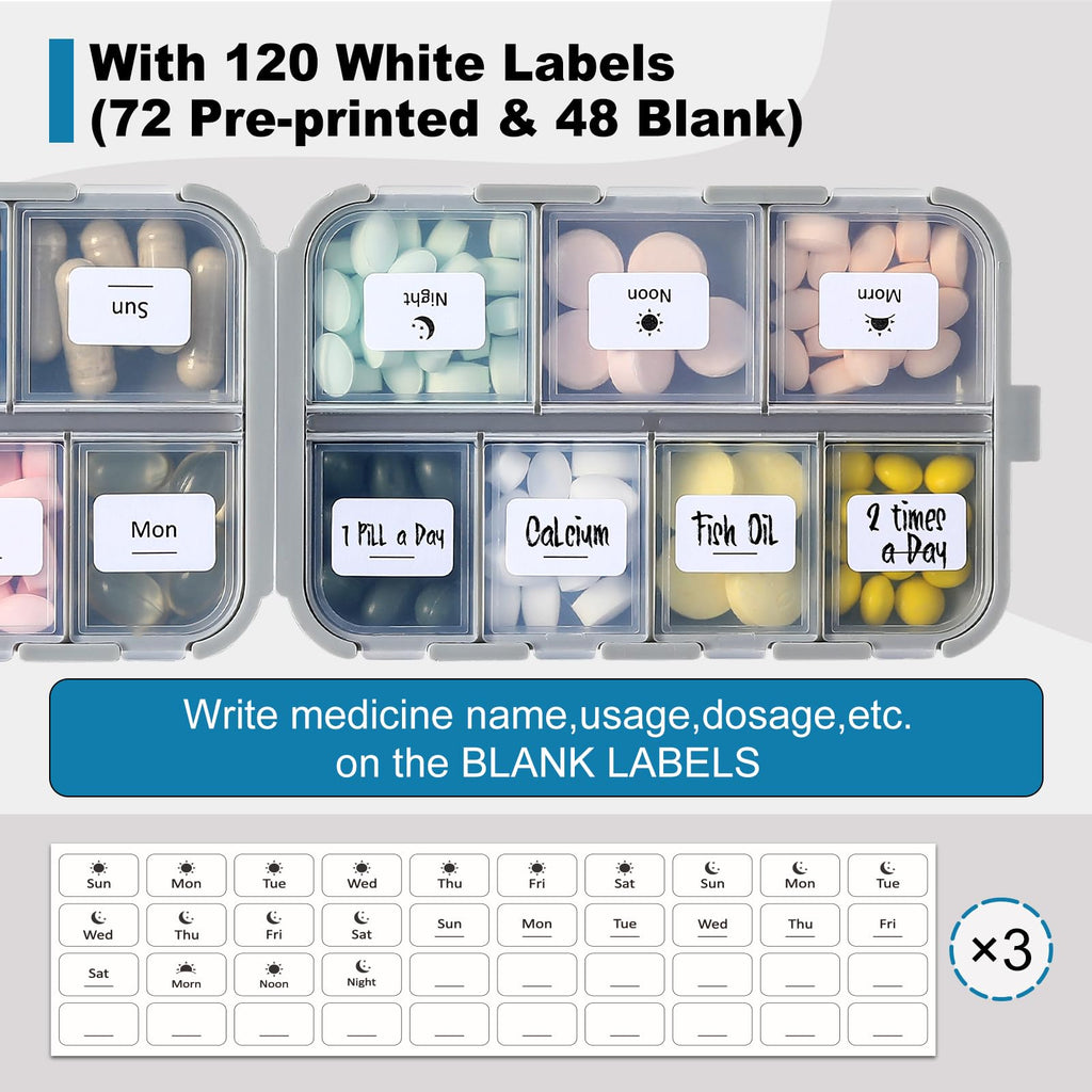 3 Pack 14 Grids Travel Pill Organizer Box with 415-Pcs Medicine Name Labels - Pocket Daily Pharmacy Case Container Kit - Travel Medication Holder Dispenser for Fish Oil Vitamin Supplement Storage