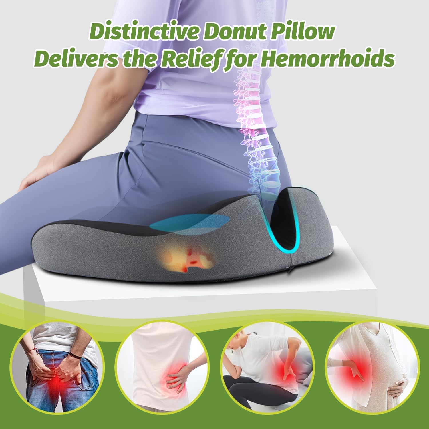 Concave U Surface Donut Pillow for Tailbone Pain Cradle Tailbone Reducing Pressure on Pelvis- Hemorrhoid Pillow for Office, Car, Home Seat- Black/Gray