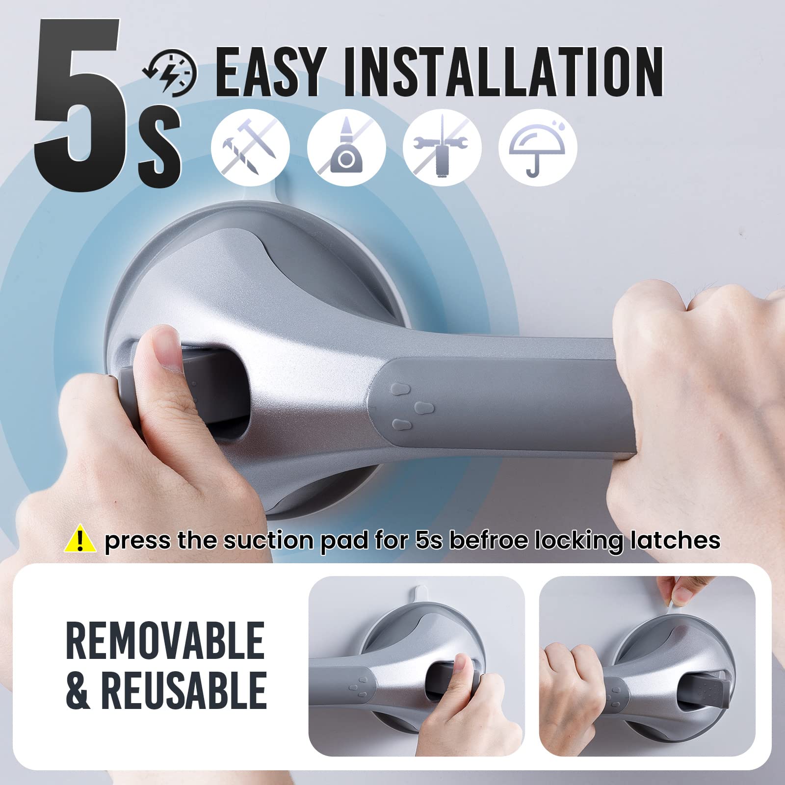TAILI Grab Bars for Bathtubs and Showers 2 Pack Suction Grab Bar, Heavy Duty Shower Handle Removable Bath Handrails for Seniors and Elderly, Bathroom Safety Grip No Drilling Waterproof,Grey