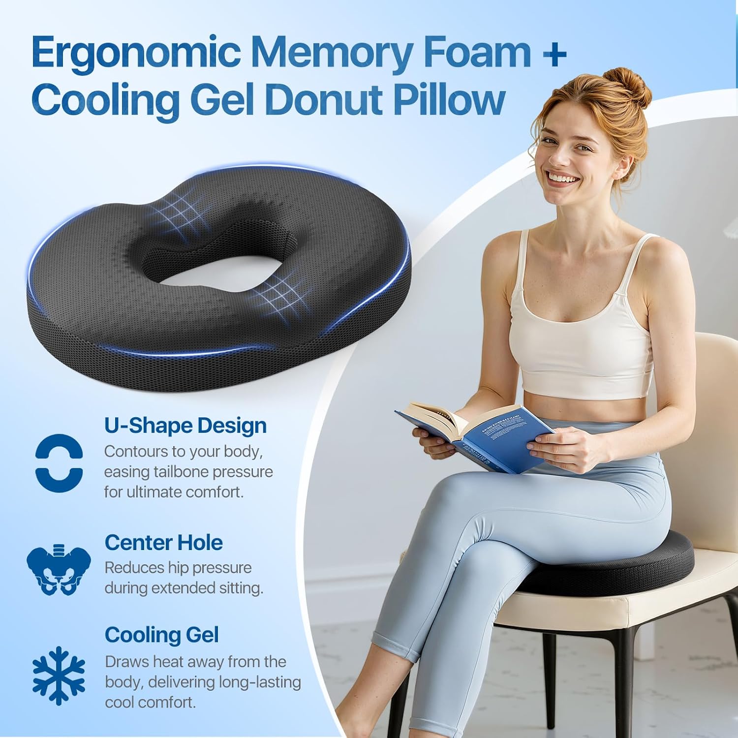 Donut Pillow Seat Cushion - Memory Foam Cooling Gel Lifting Cushion for Office & Home Chair, – Doctor Recommended Office Chair Cushion, Car Seat Cushion – Cushions for Back (Black)