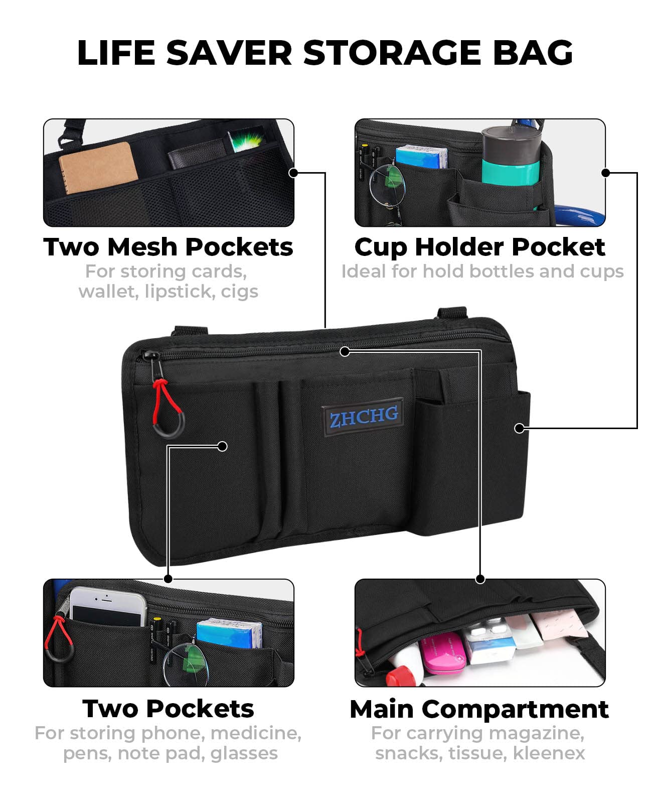 2 Pack Wheelchair Side Bag with Cup Holder, Wheelchair Armrest Pouch Accessories for Walker, Rollator, Electric Scooter Wheelchairs, Ideal Gift for Mother's Day & Father's Day