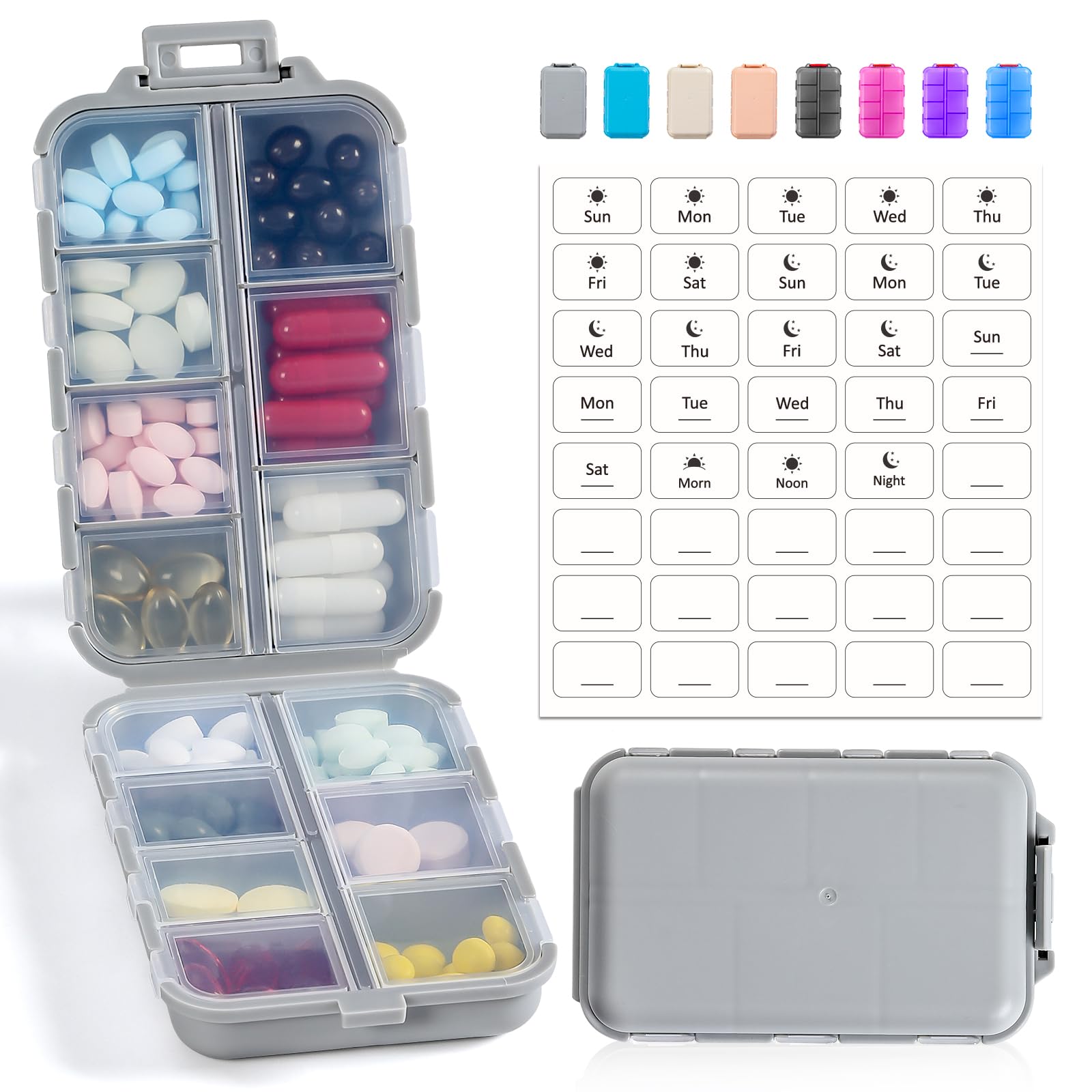 3 Pack 14 Grids Travel Pill Organizer Box with 415-Pcs Medicine Name Labels - Pocket Daily Pharmacy Case Container Kit - Travel Medication Holder Dispenser for Fish Oil Vitamin Supplement Storage