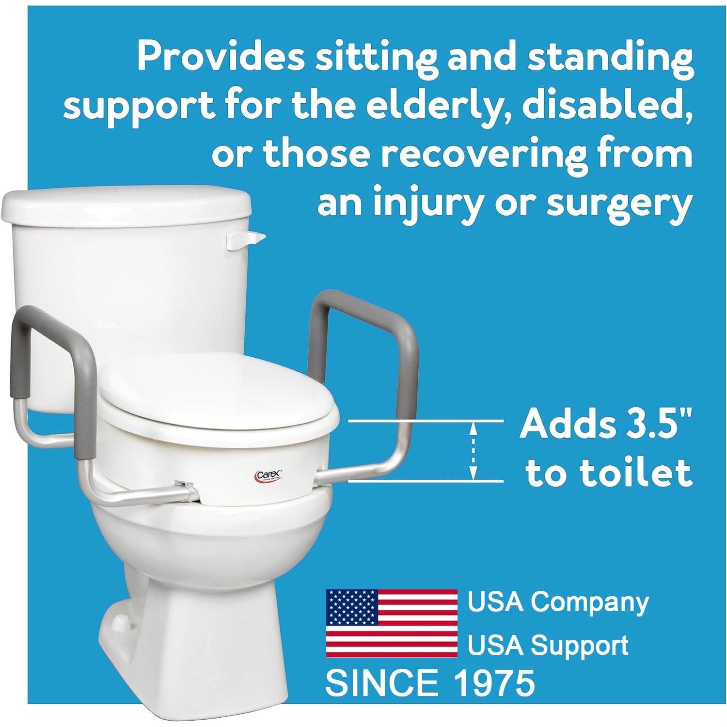 Carex 3.5 Inch Raised Toilet Seat with Arms, Elongated Toilet Seat Riser, 300 lbs Capacity, Elevating and Raising Seat for Elderly and Handicap, Universal, Slip-Resistant with Padded Handles, White