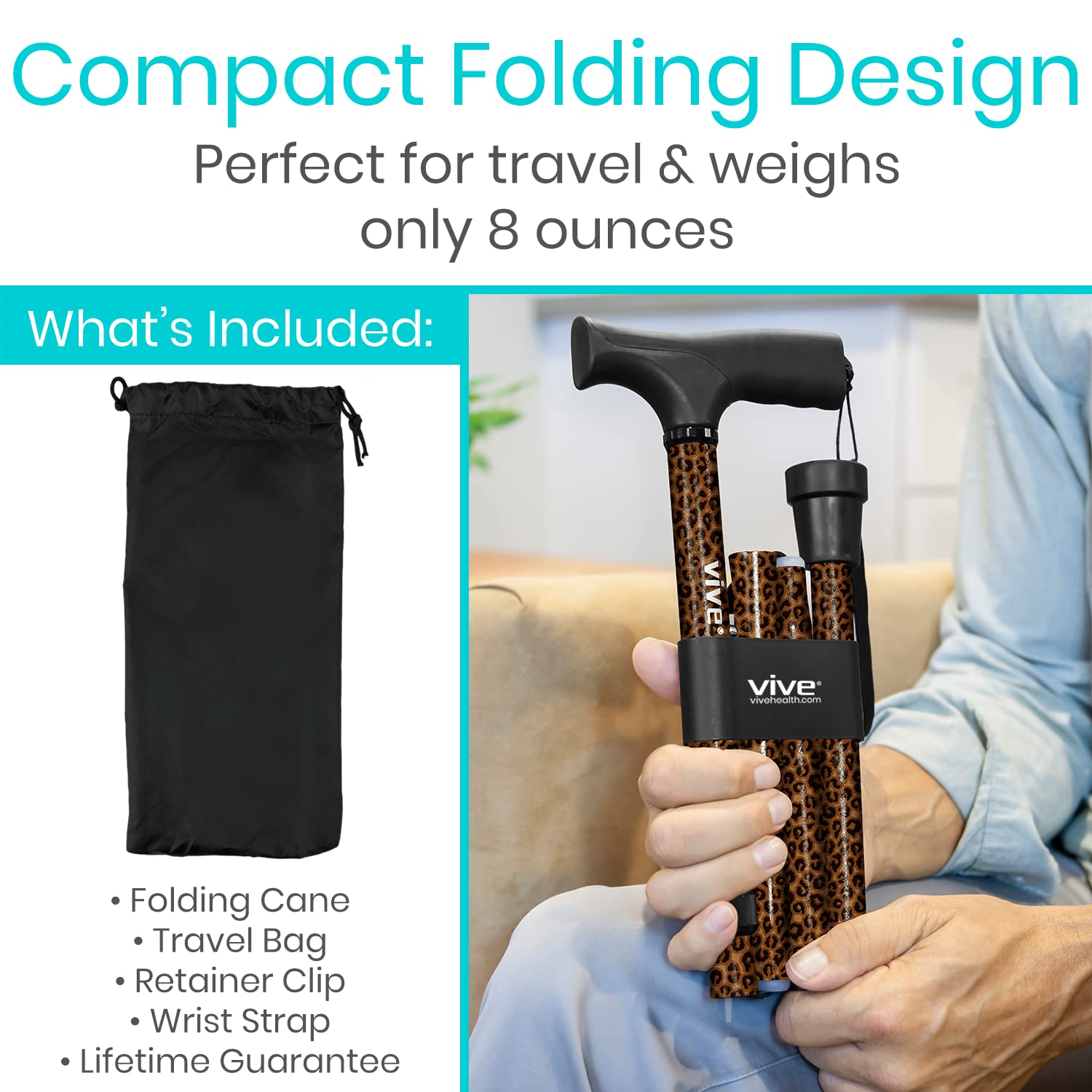 Vive Folding Cane - Foldable Walking Cane for Men, Women - Fold-up, Collapsible, Lightweight, Adjustable, Portable Hand Walking Stick - Balancing Mobility Aid - Comfortable Ergonomic Handle