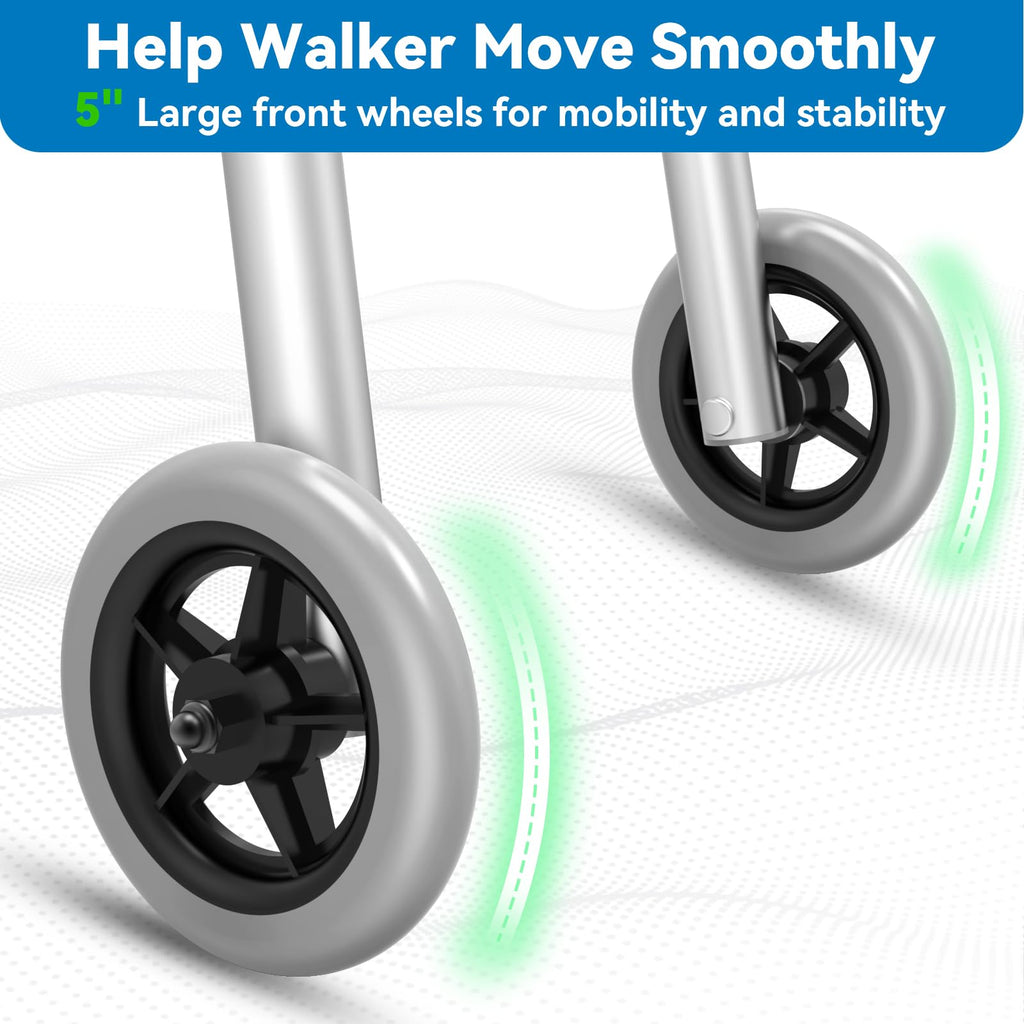 Folding Walker with 2 Skis and 5" Wheels, Lightweight Walkers for Seniors and Adults, Supports Up to 350 Pounds, Adjustable Height, Compact Standard Walker, Black