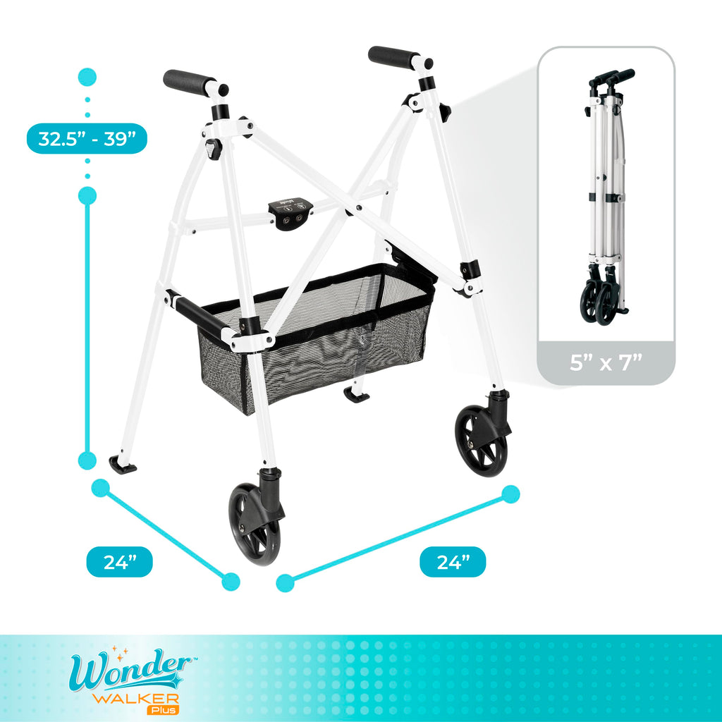 Stander Wonder Walker Plus, Lightweight Folding Mobility Aid for Adults, Seniors, and Elderly, Collapsible Travel EZ Fold-N-Go with Wheels, Glides, & Basket, Black Walnut