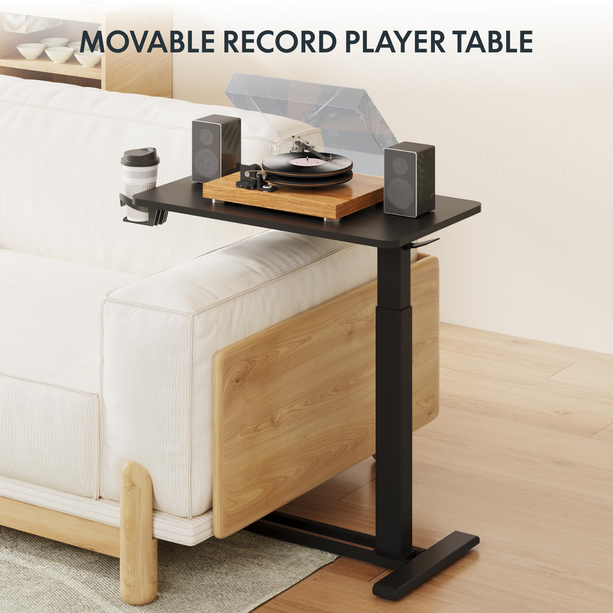 FLEXISPOT H7 Adjustable Overbed Bedside Table with Wheels Pneumatic Mobile Standing Desk Laptop Desk Rolling Computer Cart Movable Overbed Table Hospital Home Use(27.6" W x 15.7" D, White)