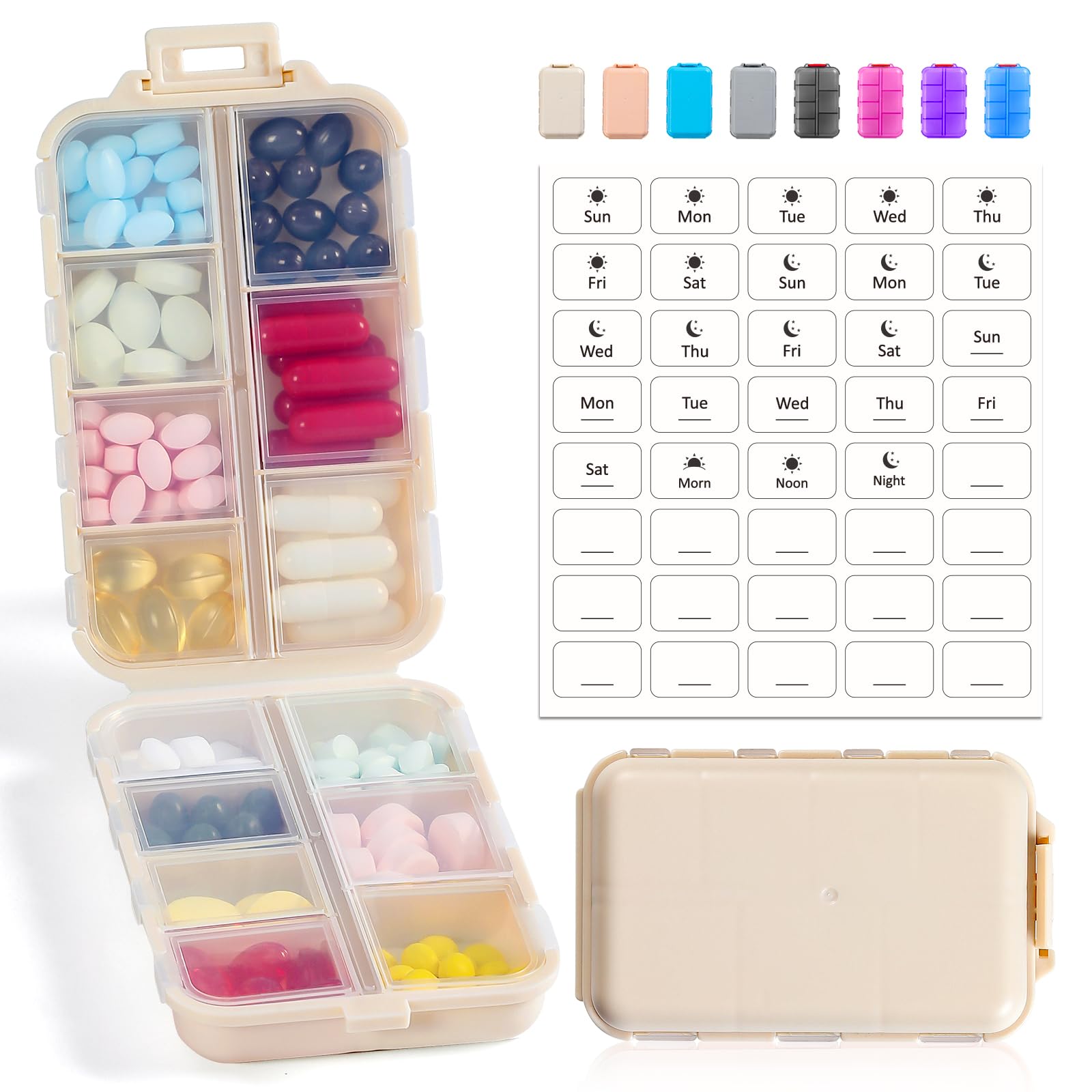 3 Pack 14 Grids Travel Pill Organizer Box with 415-Pcs Medicine Name Labels - Pocket Daily Pharmacy Case Container Kit - Travel Medication Holder Dispenser for Fish Oil Vitamin Supplement Storage