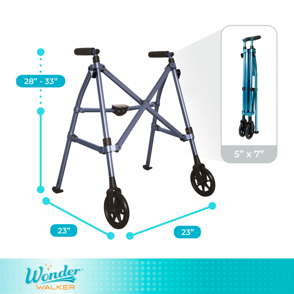 Stander Space Saver Walker, Lightweight Folding Rolling Mobility Aid for Seniors & Adults, Compact 2-Wheel Disability Device with 6-inch Wheels & Ski Glides for Walking Support, Cobalt Blue