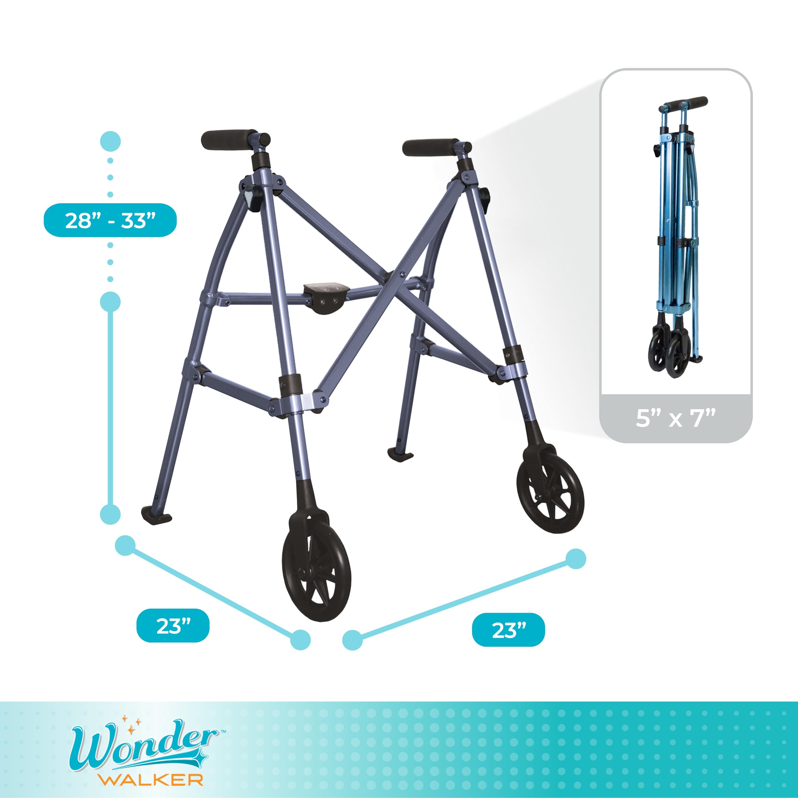 Stander Space Saver Walker, Lightweight Folding Rolling Mobility Aid for Seniors & Adults, Compact 2-Wheel Disability Device with 6-inch Wheels & Ski Glides for Walking Support, Cobalt Blue