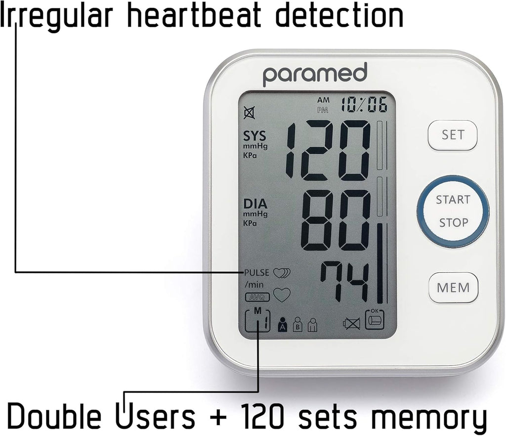 Paramed Blood Pressure Monitor - Bp Machine - Automatic Upper Arm Blood Pressure Cuff 8.7-16.5 inches - Large LCD Display 120 Sets Memory - Device Bag & Batteries Included
