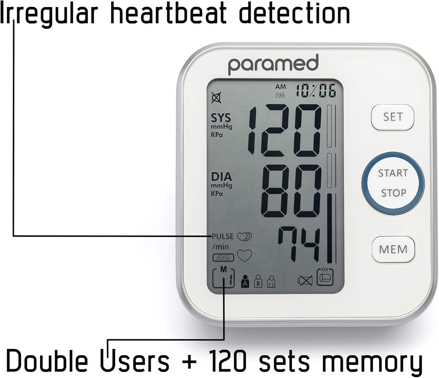 Paramed Blood Pressure Monitor - Bp Machine - Automatic Upper Arm Blood Pressure Cuff 8.7-16.5 inches - Large LCD Display 120 Sets Memory - Device Bag & Batteries Included
