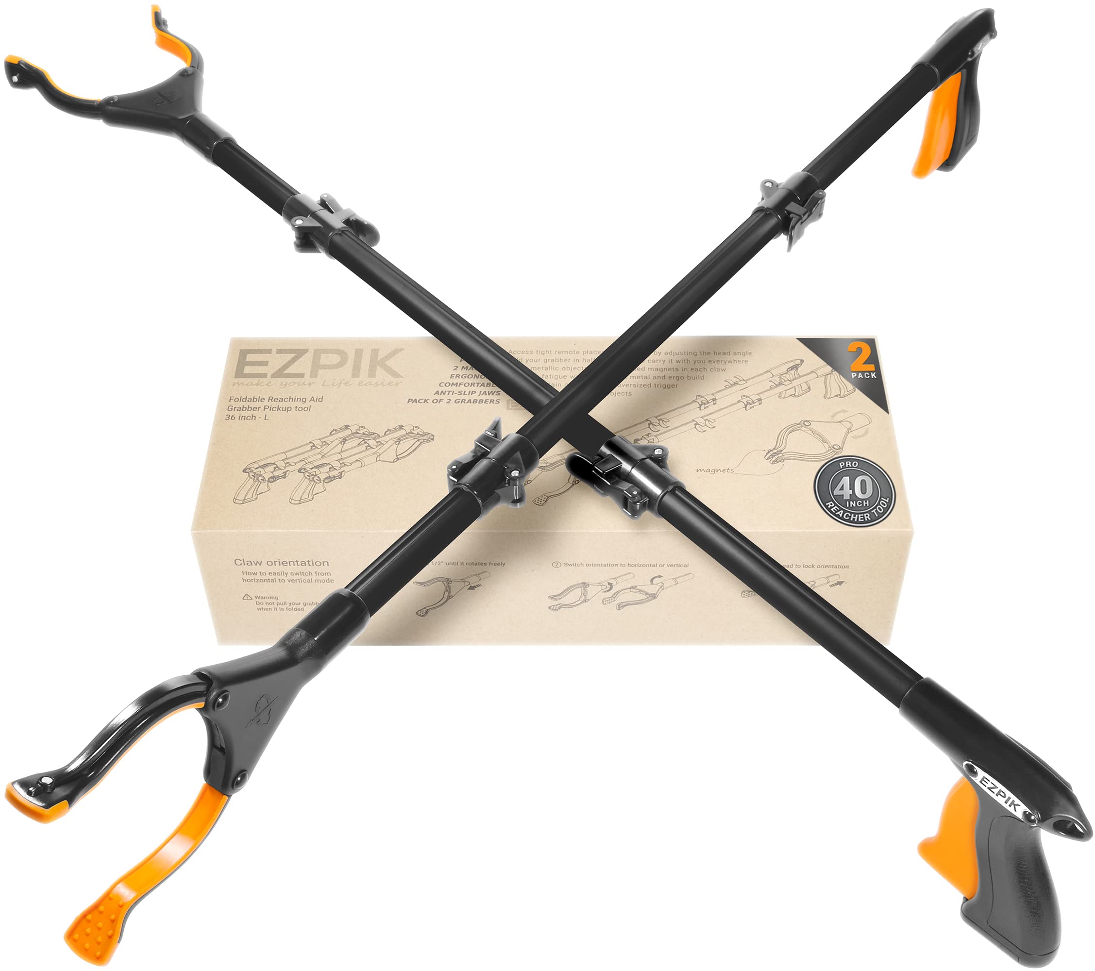 EZPIK Pro 36" Flexible Folding Grabber Tool for Elderly + Magnets, Reacher for Disabled & Seniors Heavy Duty Rotating Grippers for Reaching Underneath, Trash Grabbers & Pickers for Mobility