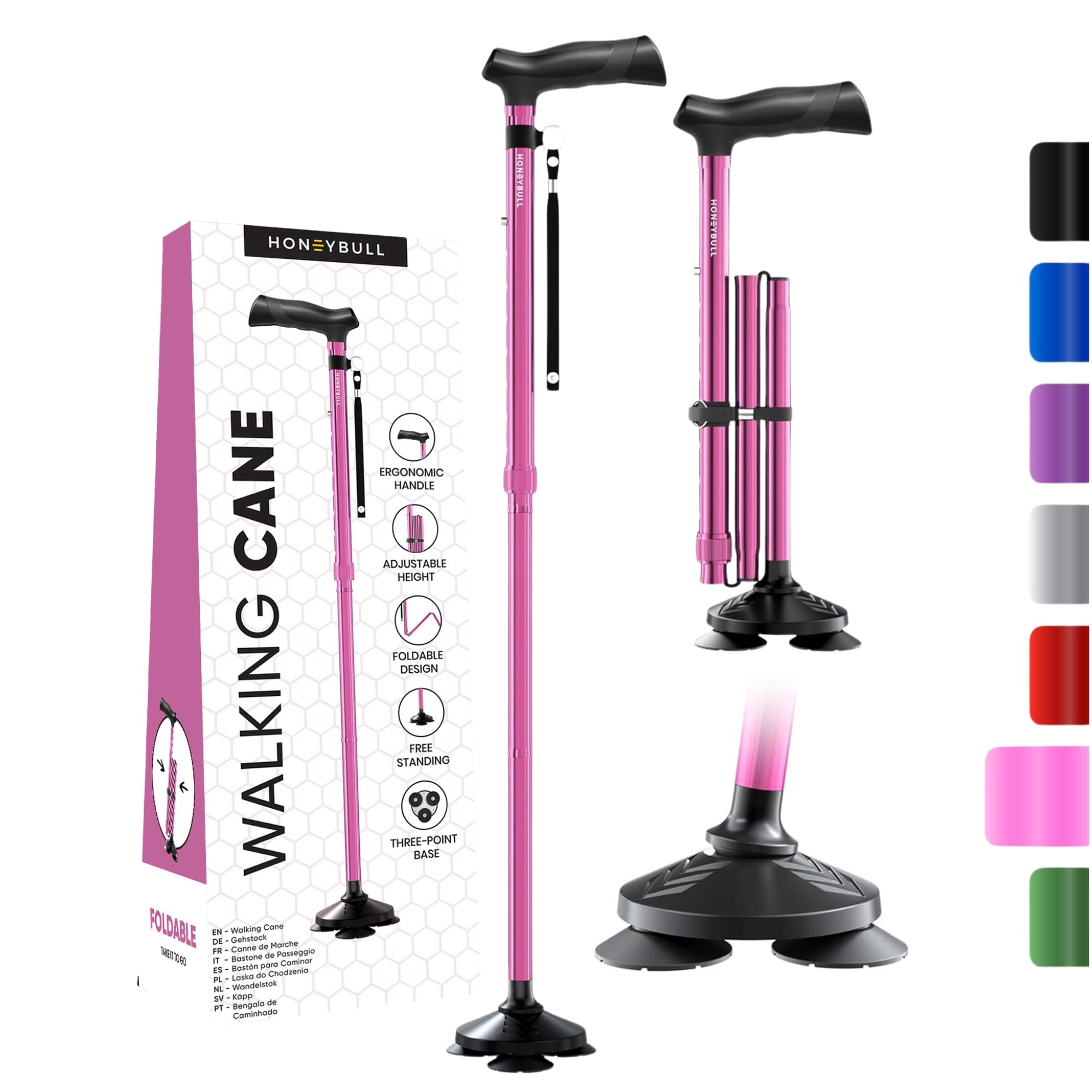 HONEYBULL Walking Cane for Men & Women - Foldable, Adjustable, Collapsible, Free Standing Cane, Pivot Tip, Heavy Duty | Walking Sticks, Folding Canes for Seniors & Adults (Black, Pivot Cane)