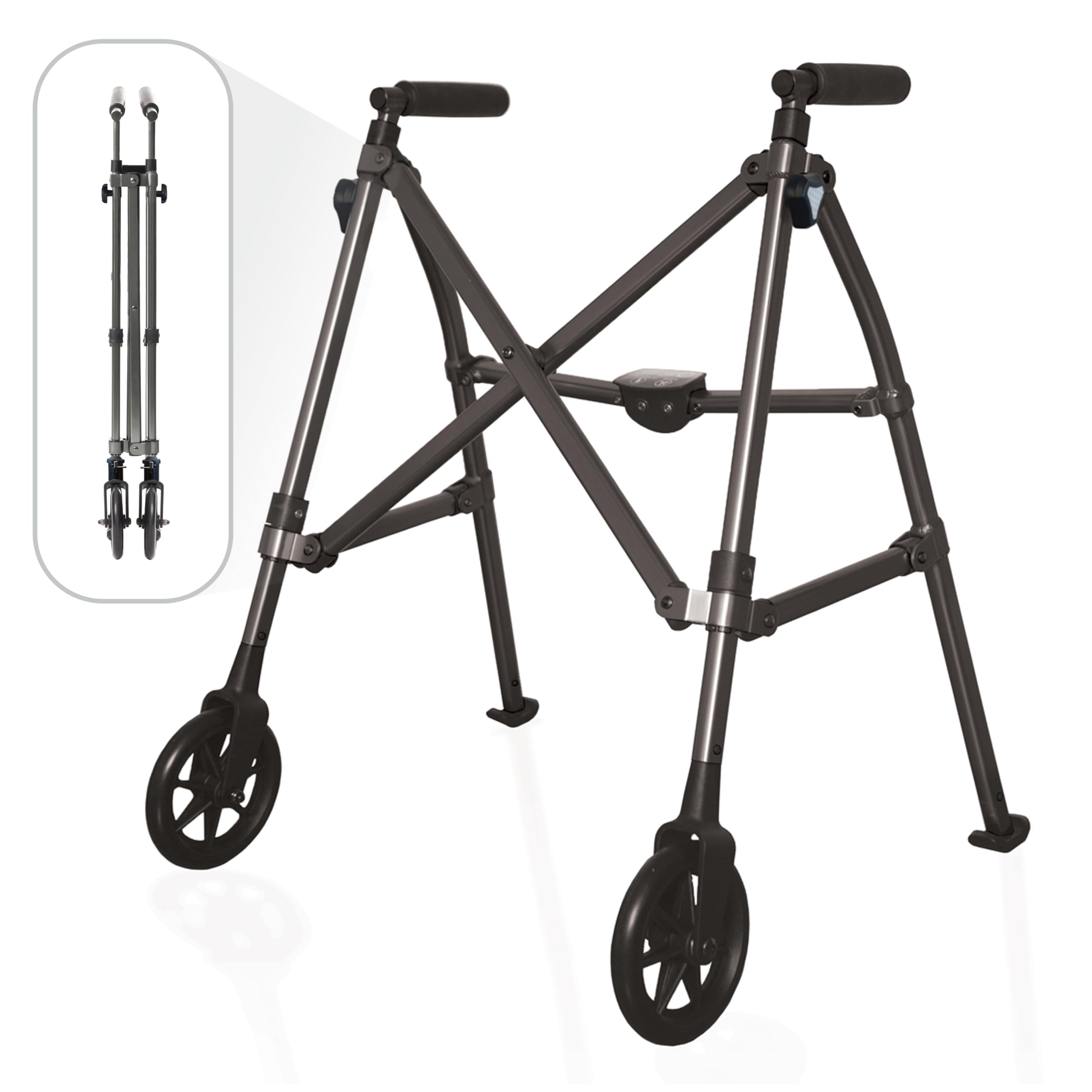 Stander Space Saver Walker, Lightweight Folding Rolling Mobility Aid for Seniors & Adults, Compact 2-Wheel Disability Device with 6-inch Wheels & Ski Glides for Walking Support, Cobalt Blue