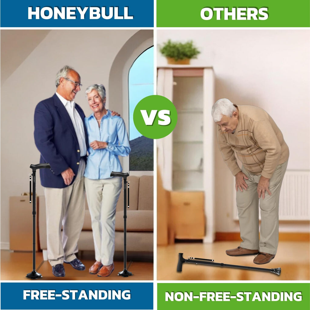 HONEYBULL Walking Cane for Men & Women - Foldable, Adjustable, Collapsible, Free Standing Cane, Pivot Tip, Heavy Duty | Walking Sticks, Folding Canes for Seniors & Adults (Black, Pivot Cane)