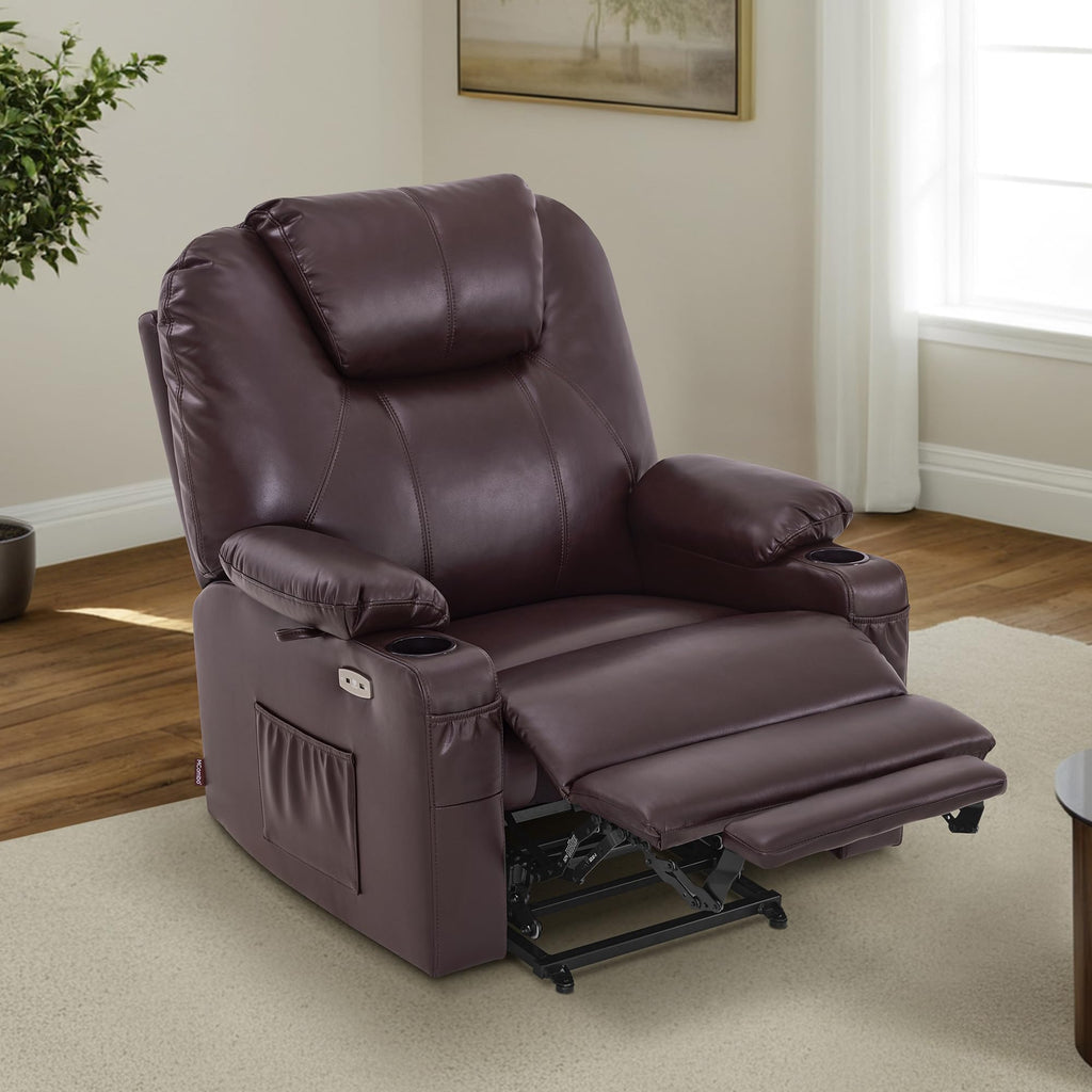 MCombo Electric Power Lift Recliner Chair Sofa with Massage and Heat for Elderly, 3 Positions, 2 Side Pockets, and Cup Holders, USB Ports, Faux Leather 7040 (Light Brown, Medium)