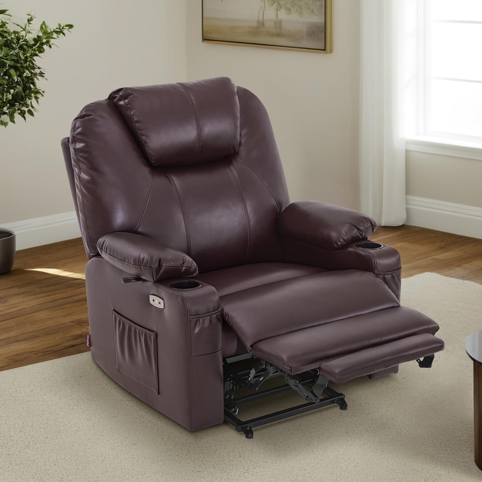 MCombo Electric Power Lift Recliner Chair Sofa with Massage and Heat for Elderly, 3 Positions, 2 Side Pockets, and Cup Holders, USB Ports, Faux Leather 7040 (Light Brown, Medium)