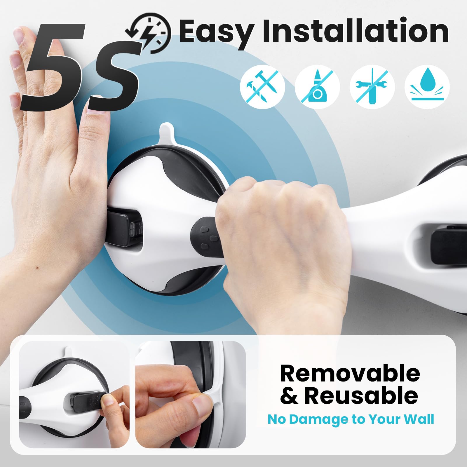 TAILI Grab Bars for Bathtubs and Showers 2 Pack Suction Grab Bar, Heavy Duty Shower Handle Removable Bath Handrails for Seniors and Elderly, Bathroom Safety Grip No Drilling Waterproof,Grey