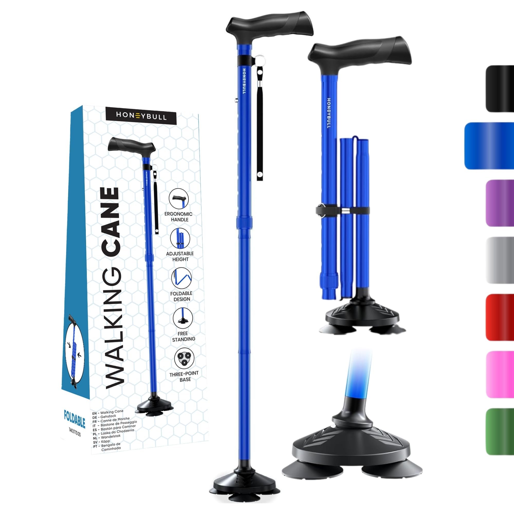 HONEYBULL Walking Cane for Men & Women - Foldable, Adjustable, Collapsible, Free Standing Cane, Pivot Tip, Heavy Duty | Walking Sticks, Folding Canes for Seniors & Adults (Black, Pivot Cane)