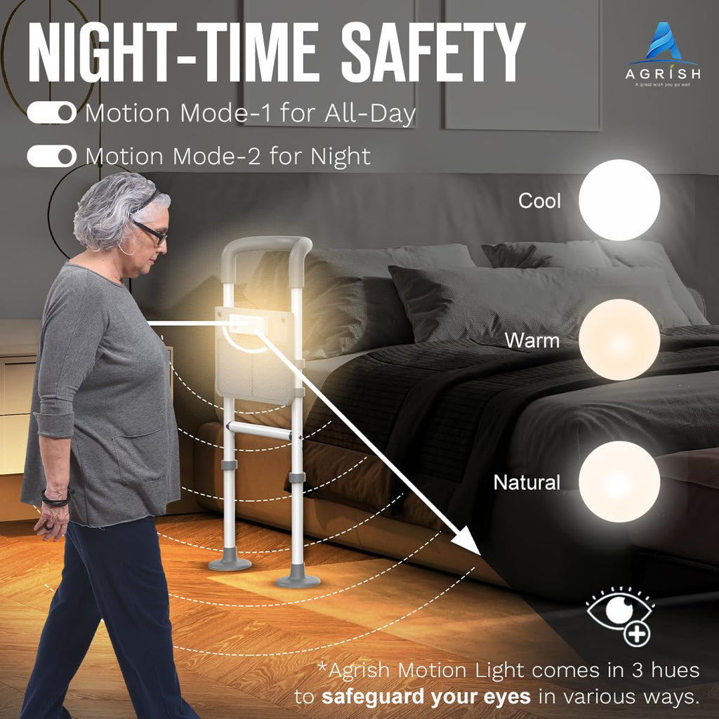 Bed Rails Elderly Adults Safety, Bedside Assist Grab Bar Handrails for Seniors with Motion Sensor Light & Pouch, Adjustable Bed Cane Portable Handle Railing, Fit King Queen Full Twin Bed