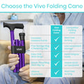 Vive Folding Cane - Foldable Walking Cane for Men, Women - Fold-up, Collapsible, Lightweight, Adjustable, Portable Hand Walking Stick - Balancing Mobility Aid - Comfortable Ergonomic Handle