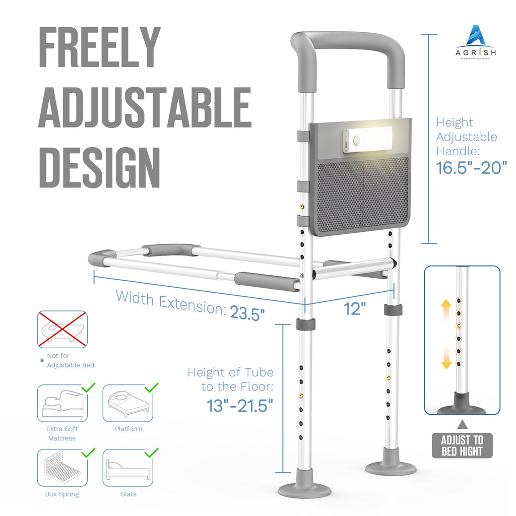 Bed Rails Elderly Adults Safety, Bedside Assist Grab Bar Handrails for Seniors with Motion Sensor Light & Pouch, Adjustable Bed Cane Portable Handle Railing, Fit King Queen Full Twin Bed