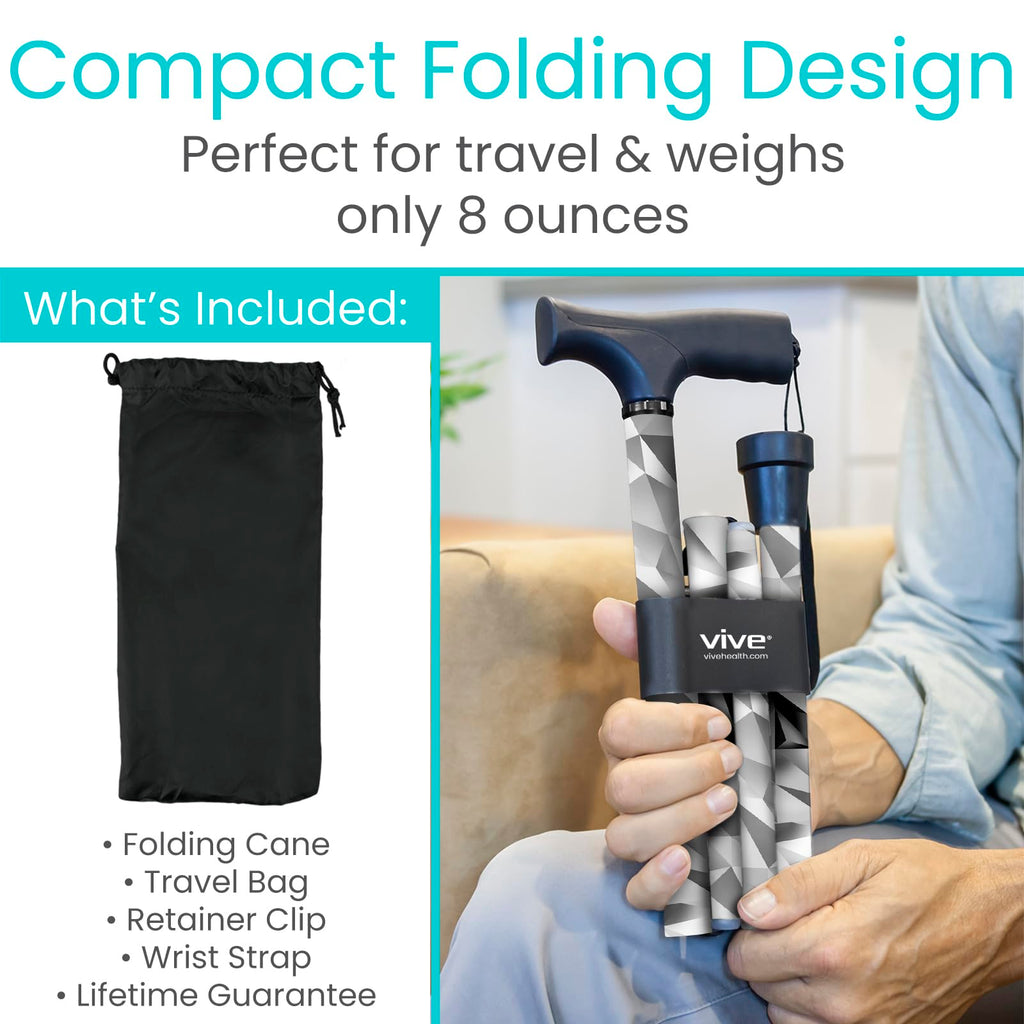 Vive Folding Cane - Foldable Walking Cane for Men, Women - Fold-up, Collapsible, Lightweight, Adjustable, Portable Hand Walking Stick - Balancing Mobility Aid - Comfortable Ergonomic Handle