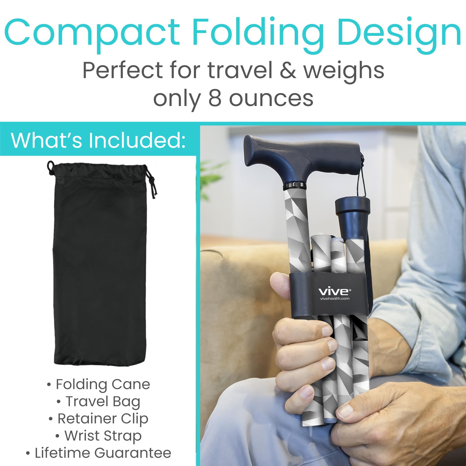 Vive Folding Cane - Foldable Walking Cane for Men, Women - Fold-up, Collapsible, Lightweight, Adjustable, Portable Hand Walking Stick - Balancing Mobility Aid - Comfortable Ergonomic Handle
