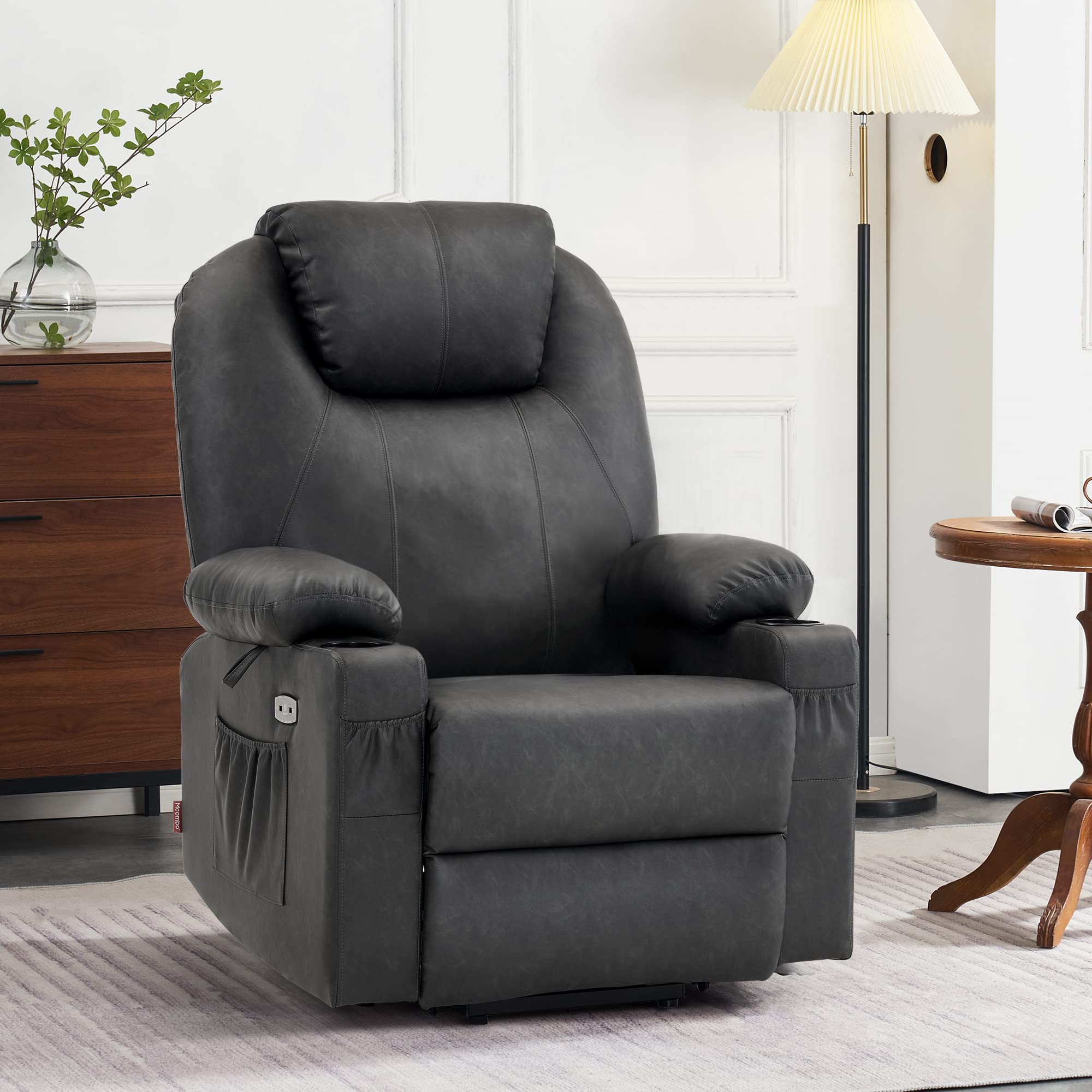 MCombo Electric Power Lift Recliner Chair Sofa with Massage and Heat for Elderly, 3 Positions, 2 Side Pockets, and Cup Holders, USB Ports, Faux Leather 7040 (Light Brown, Medium)