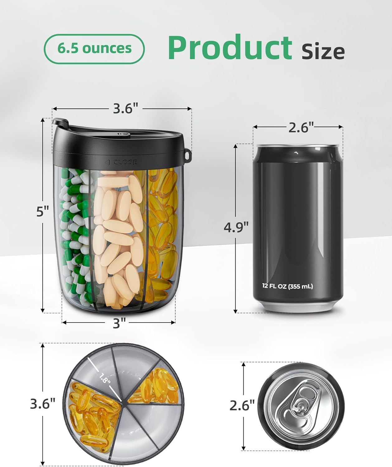 PULIV Large Pill Bottle Organizer, Supplement Organizer for Holding 6 Various Vitamins, Pill Box Case with Anti-Mixing & Wide Opening Design, Easy to Retrieve Meds, Includes 20 Pcs Stick-on Labels